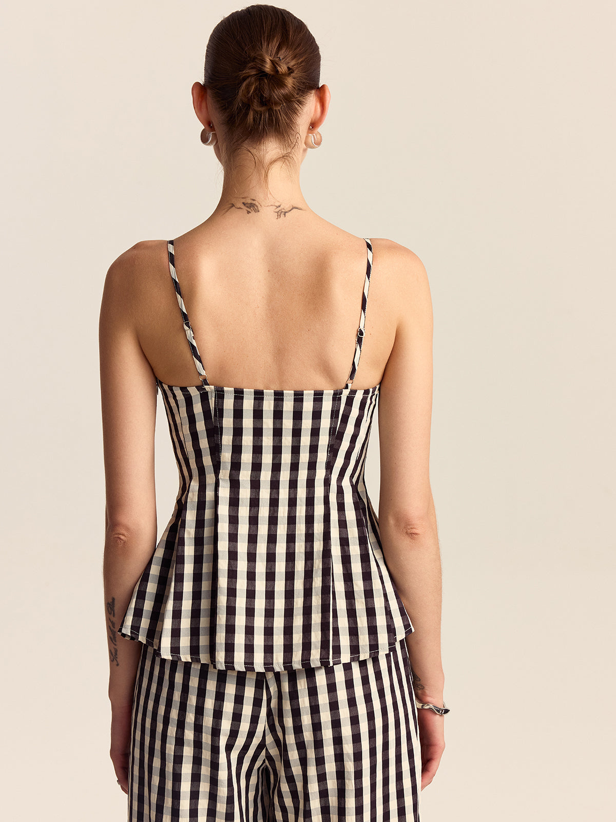Gingham Spaghetti Strap Peplum Top with Lace Trim 2023 Spring Fashion