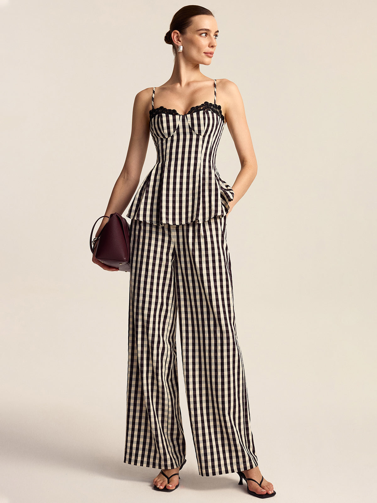 Gingham Spaghetti Strap Peplum Top with Lace Trim 2023 Spring Fashion