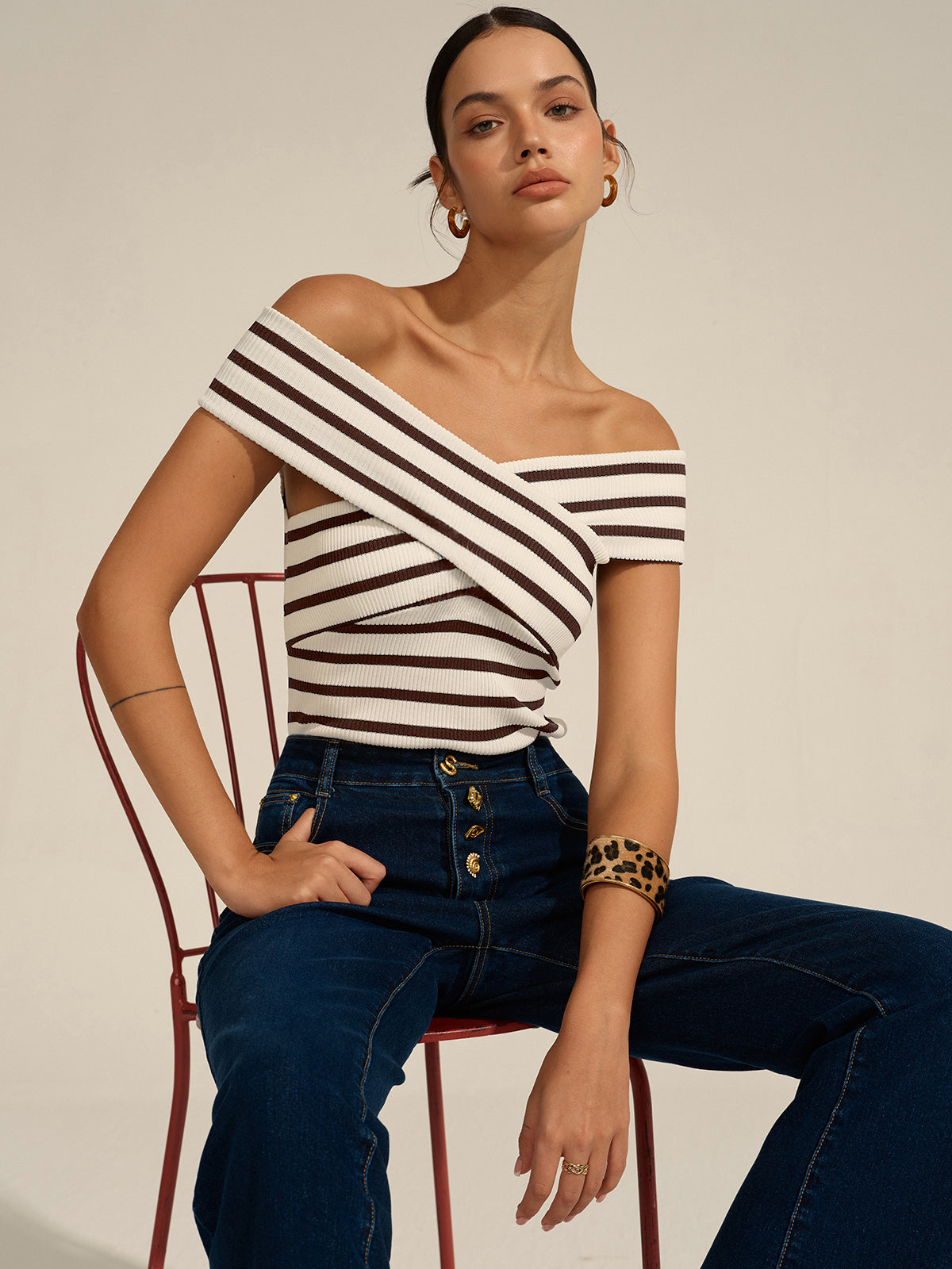 Striped Off-Shoulder Cross Knit Top for Women Casual Wear