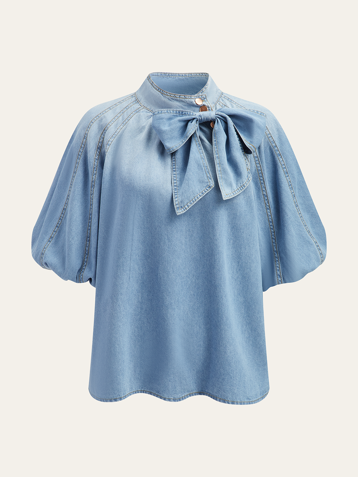Denim Puff-Sleeve Top With Bow Detail Women's Trendy Casual Shirt