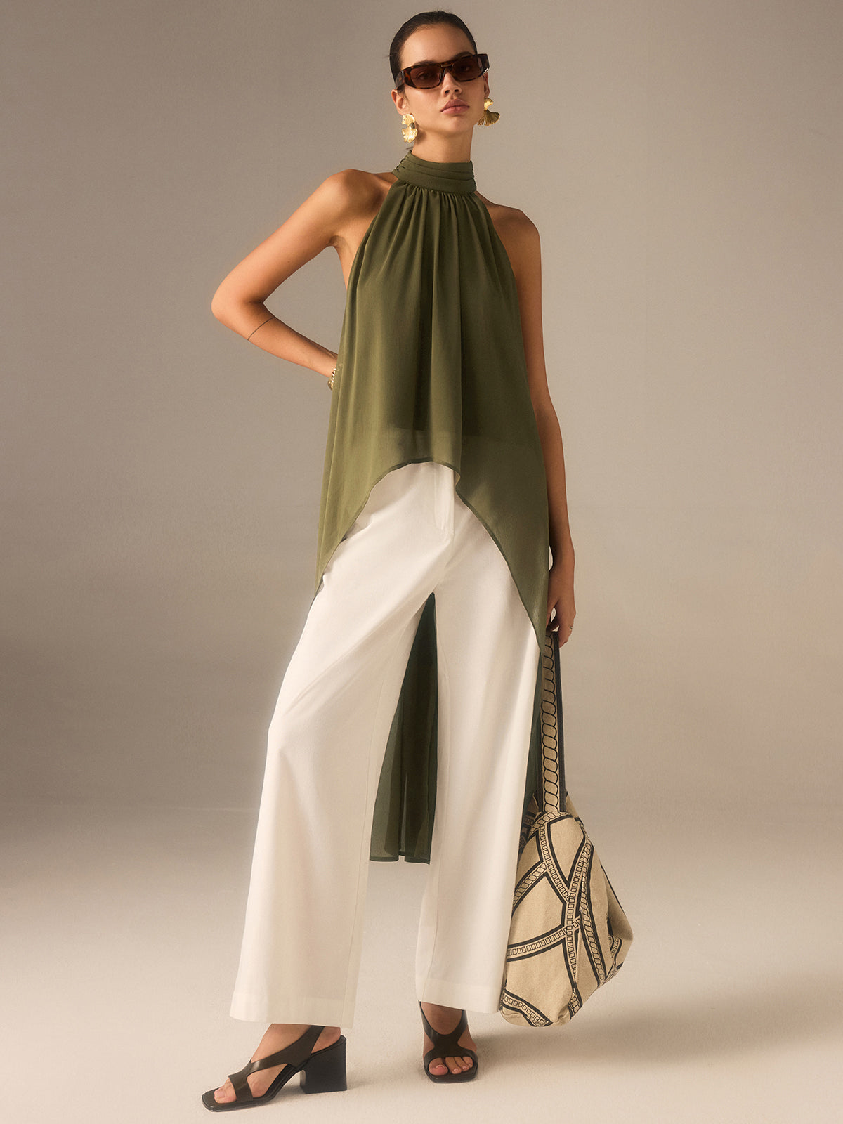 Semi-Sheer Halter-Neck Chiffon Long Top Elegant Flowy Design