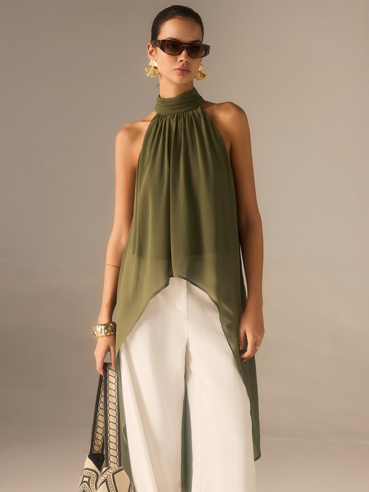 Semi-Sheer Halter-Neck Chiffon Long Top Elegant Flowy Design