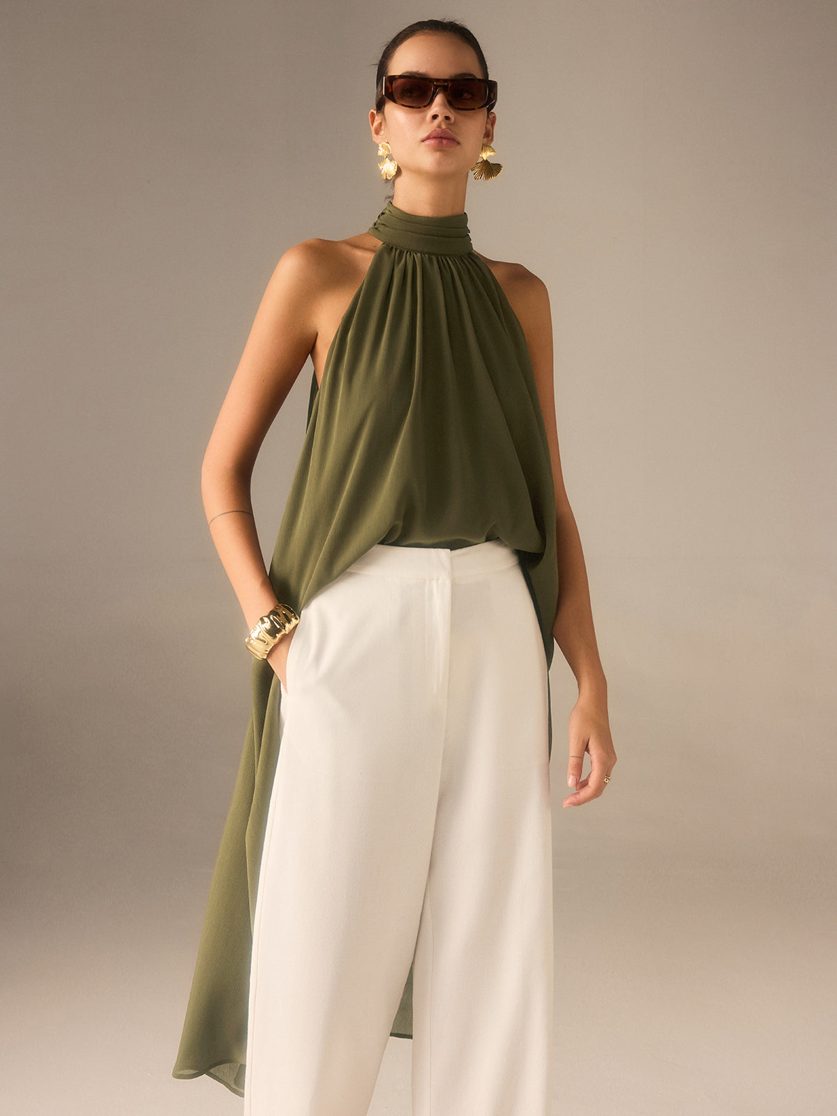 Semi-Sheer Halter-Neck Chiffon Long Top Elegant Flowy Design