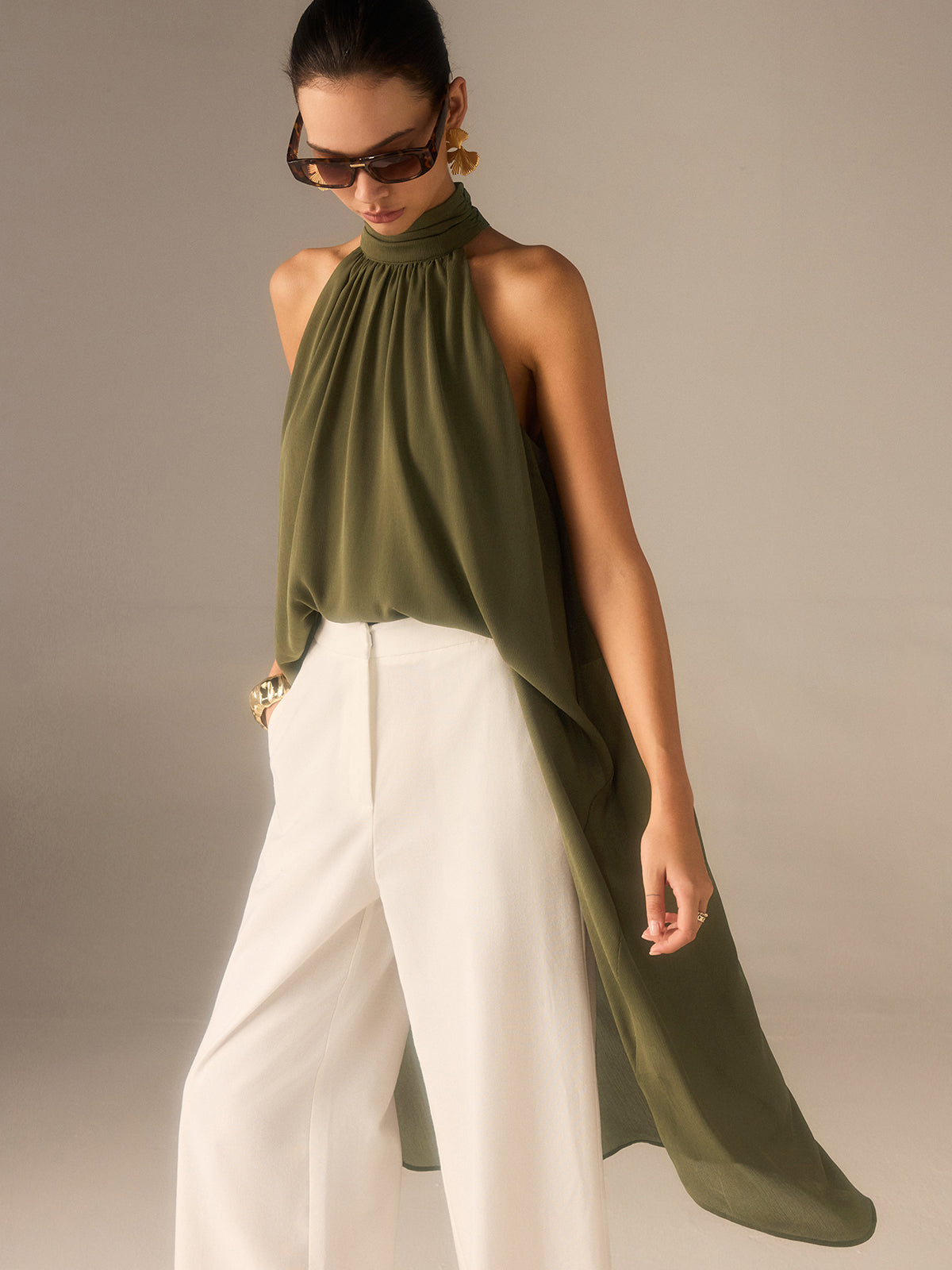 Semi-Sheer Halter-Neck Chiffon Long Top Elegant Flowy Design