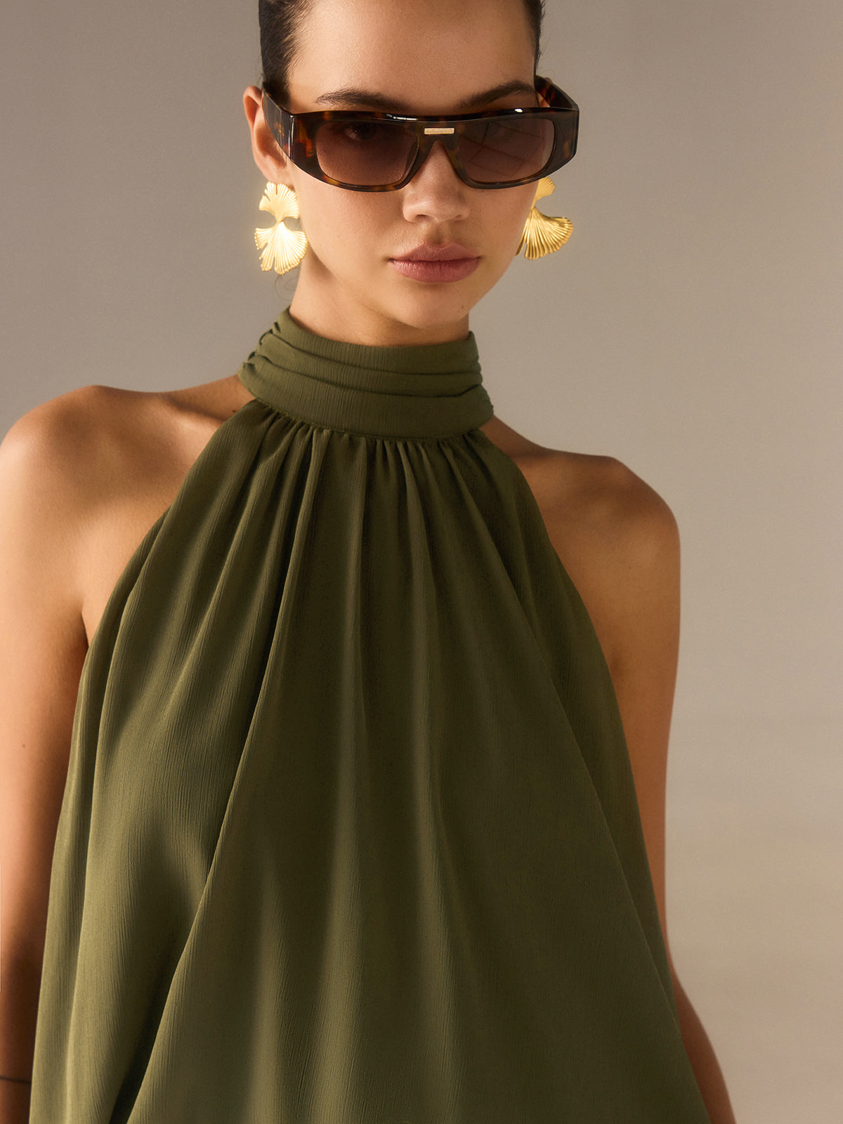 Semi-Sheer Halter-Neck Chiffon Long Top Elegant Flowy Design