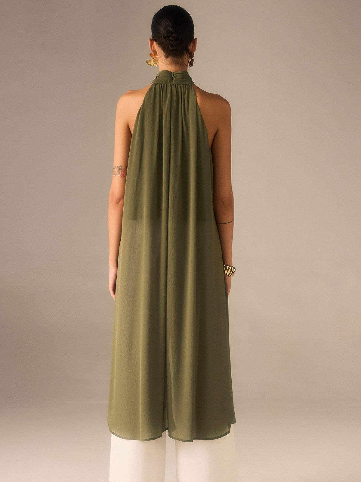 Semi-Sheer Halter-Neck Chiffon Long Top Elegant Flowy Design