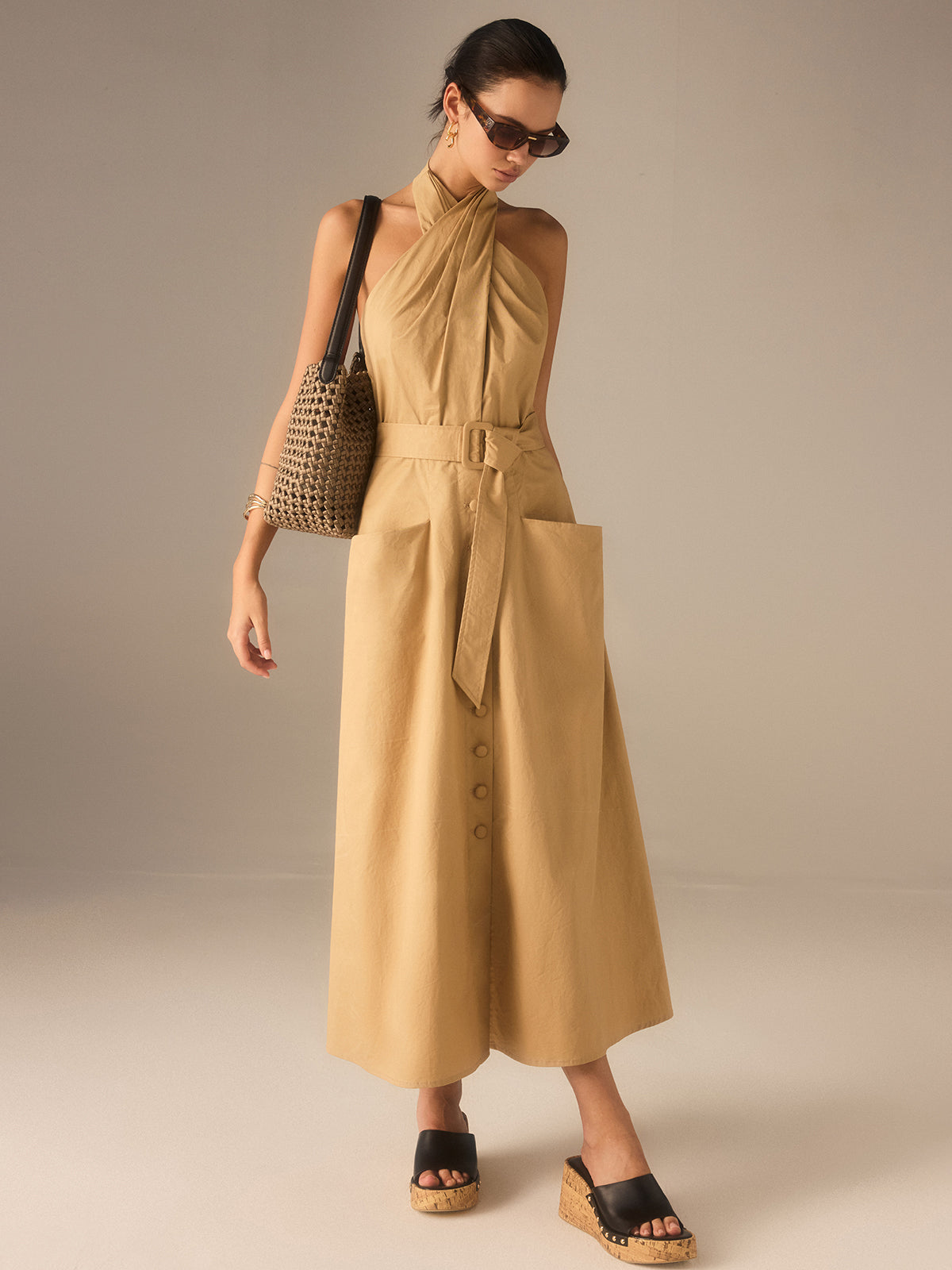 Cotton Pleated Halter Neck Belted Midi Dress with Side Pockets for Women