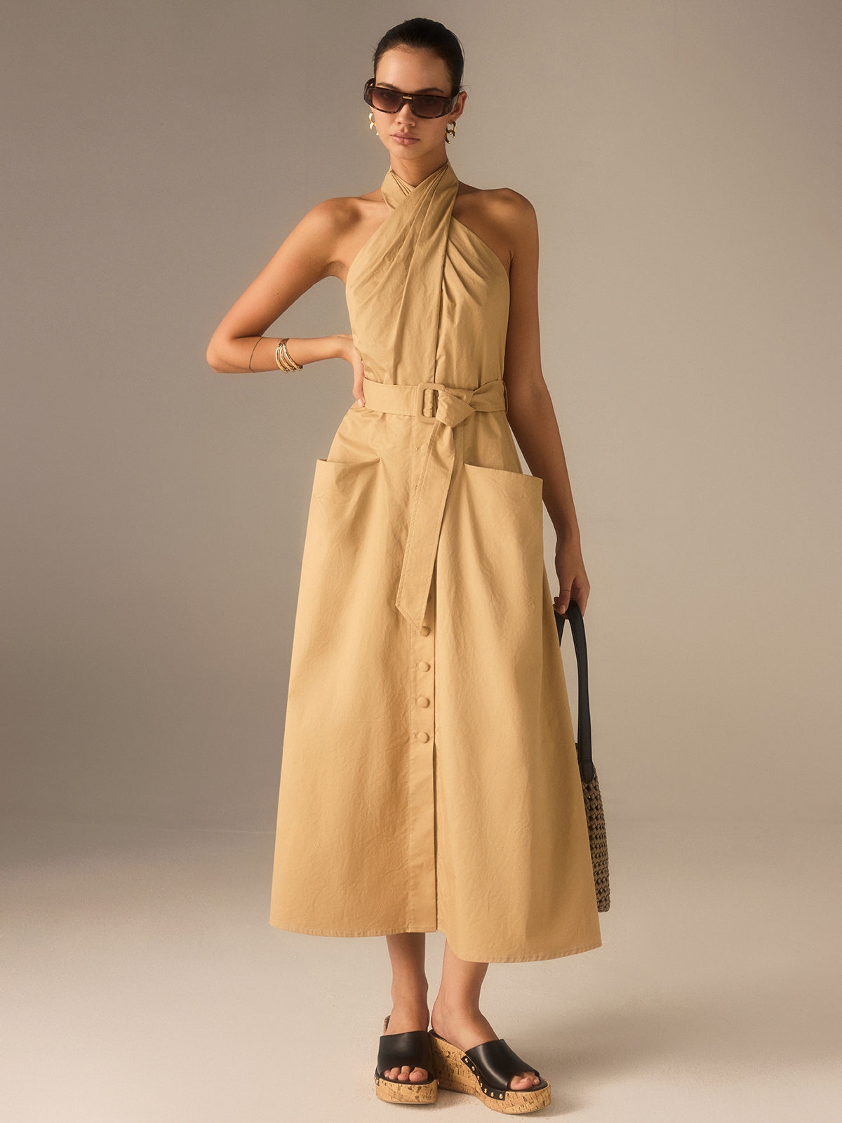Cotton Pleated Halter Neck Belted Midi Dress with Side Pockets for Women
