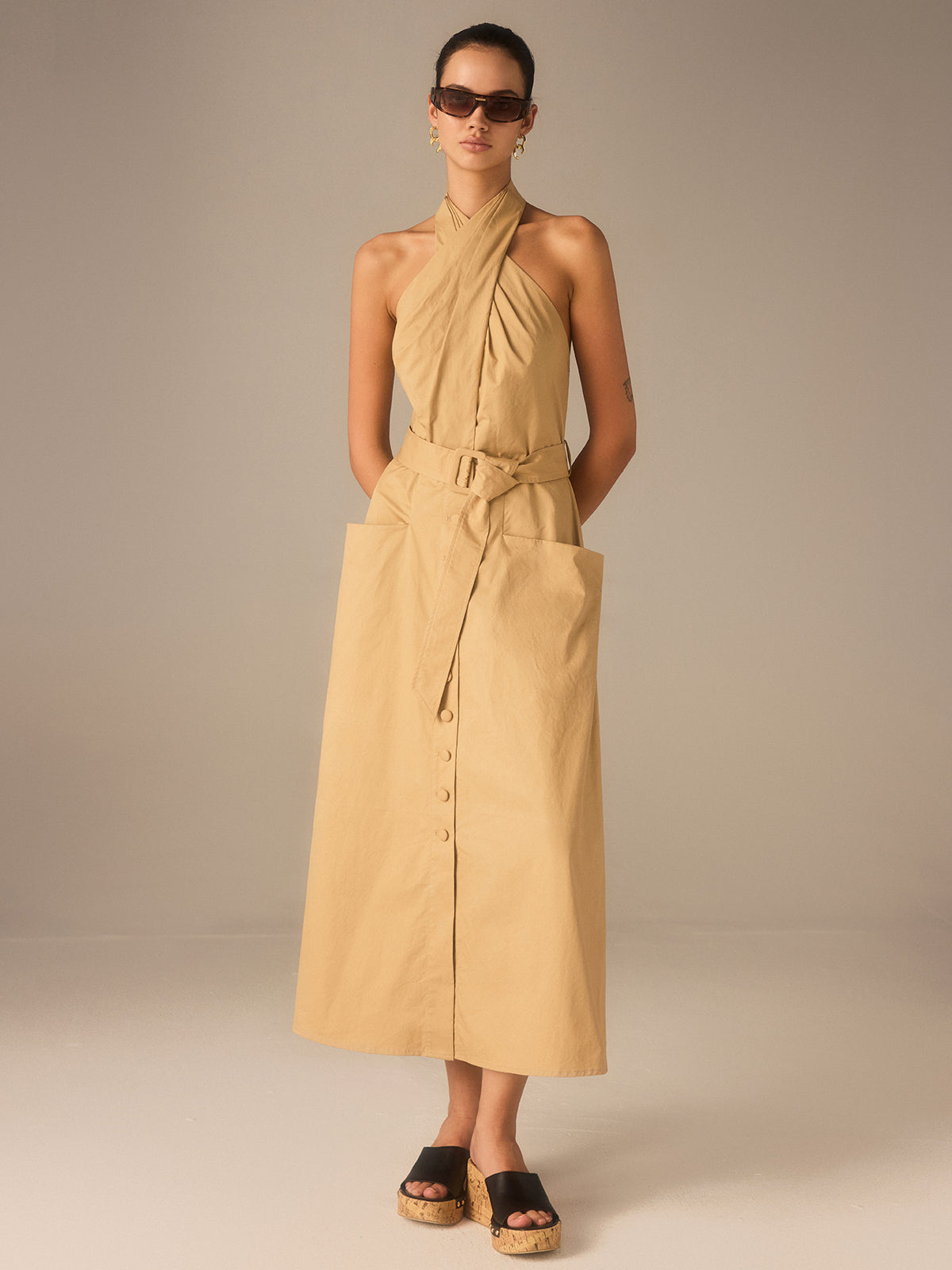 Cotton Pleated Halter Neck Belted Midi Dress with Side Pockets for Women