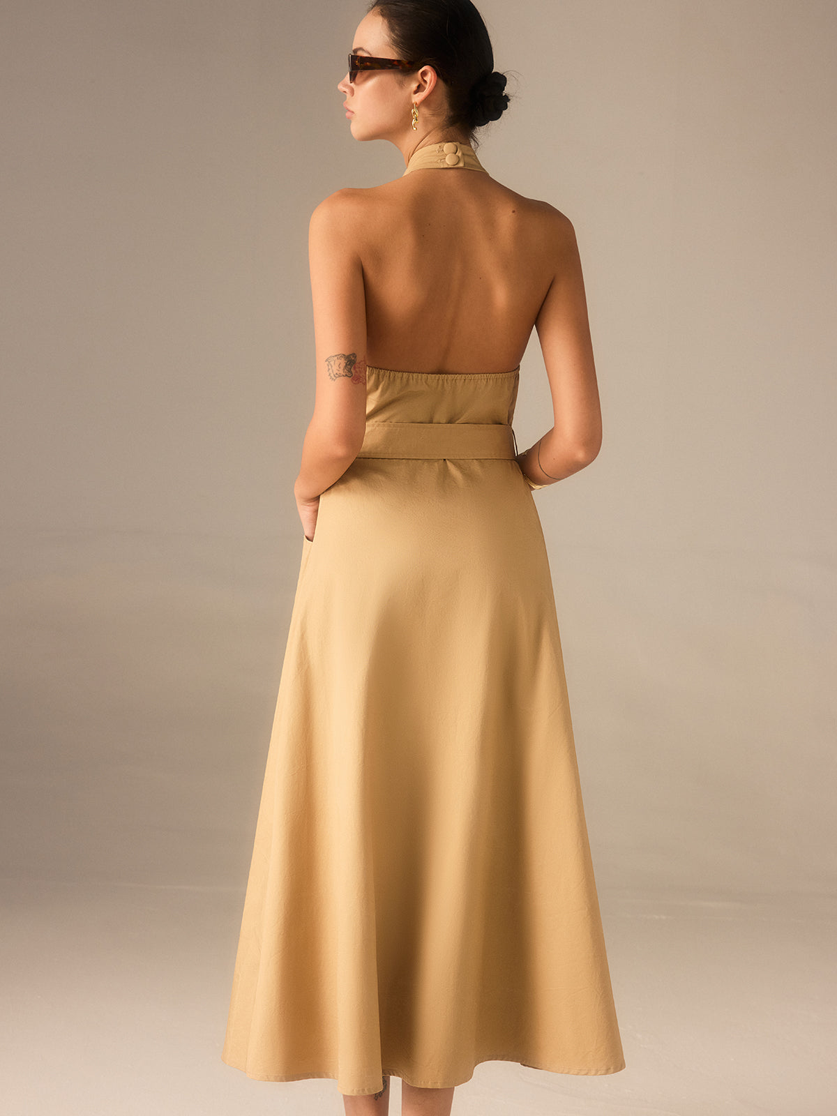 Cotton Pleated Halter Neck Belted Midi Dress with Side Pockets for Women
