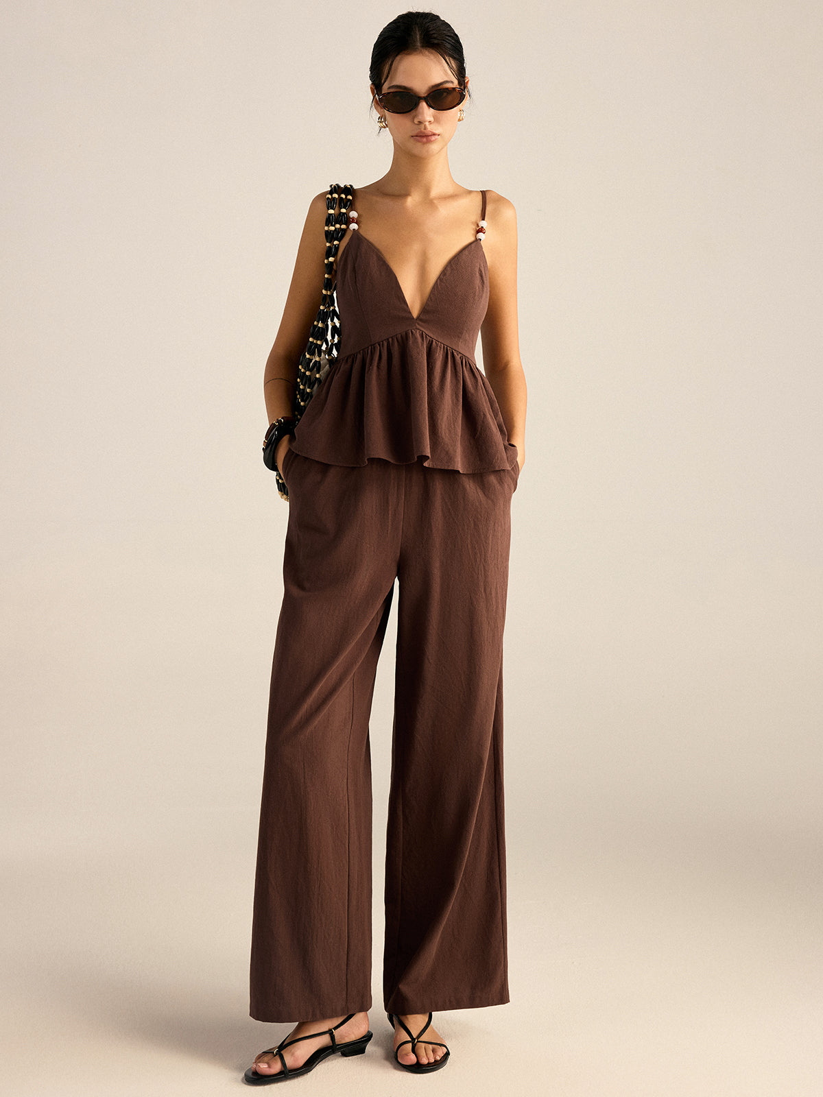 Cotton Peplum Beaded Straps Top and Pants Set for Women, Elegant Evening Wear
