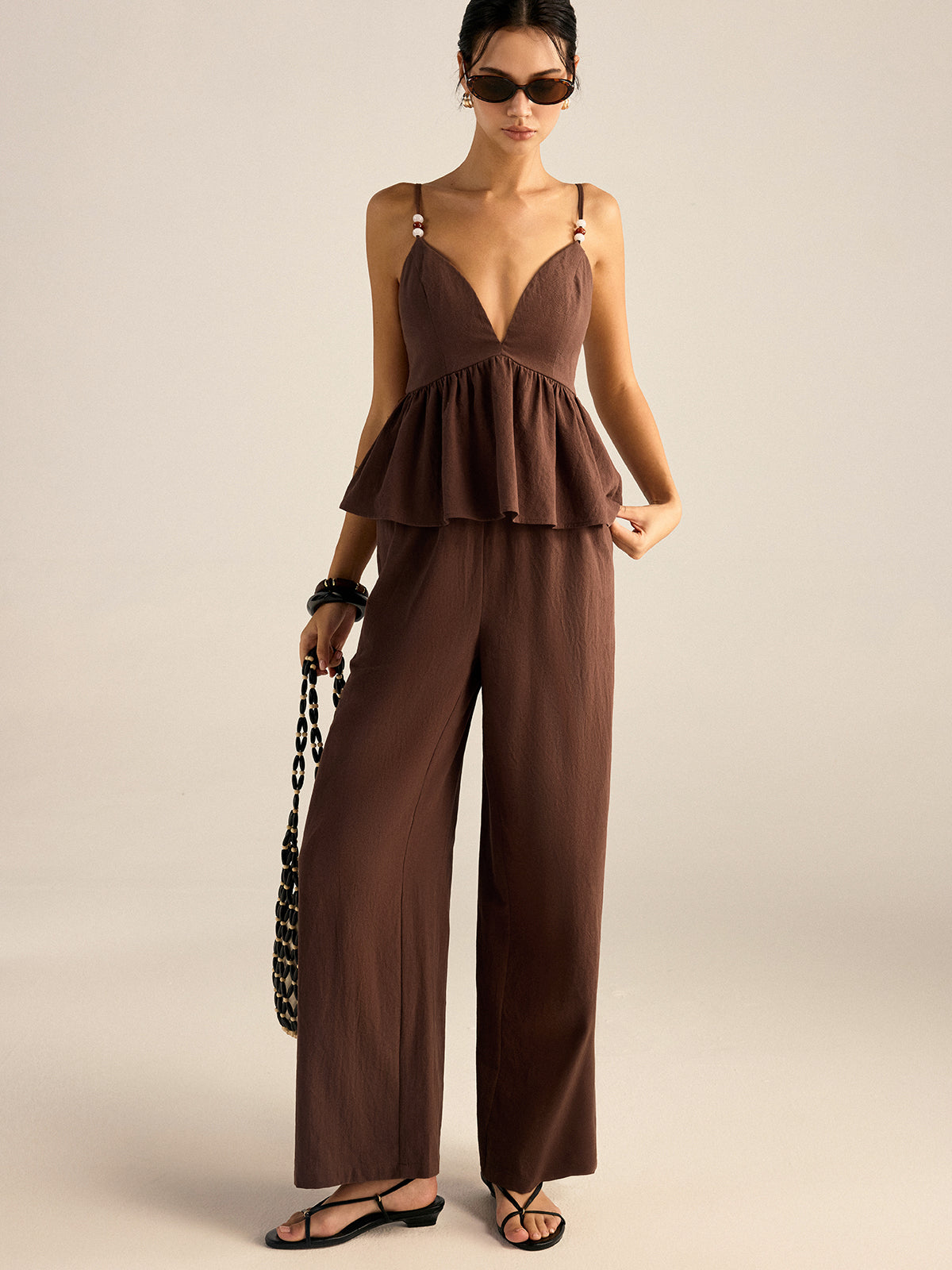Cotton Peplum Beaded Straps Top and Pants Set for Women, Elegant Evening Wear