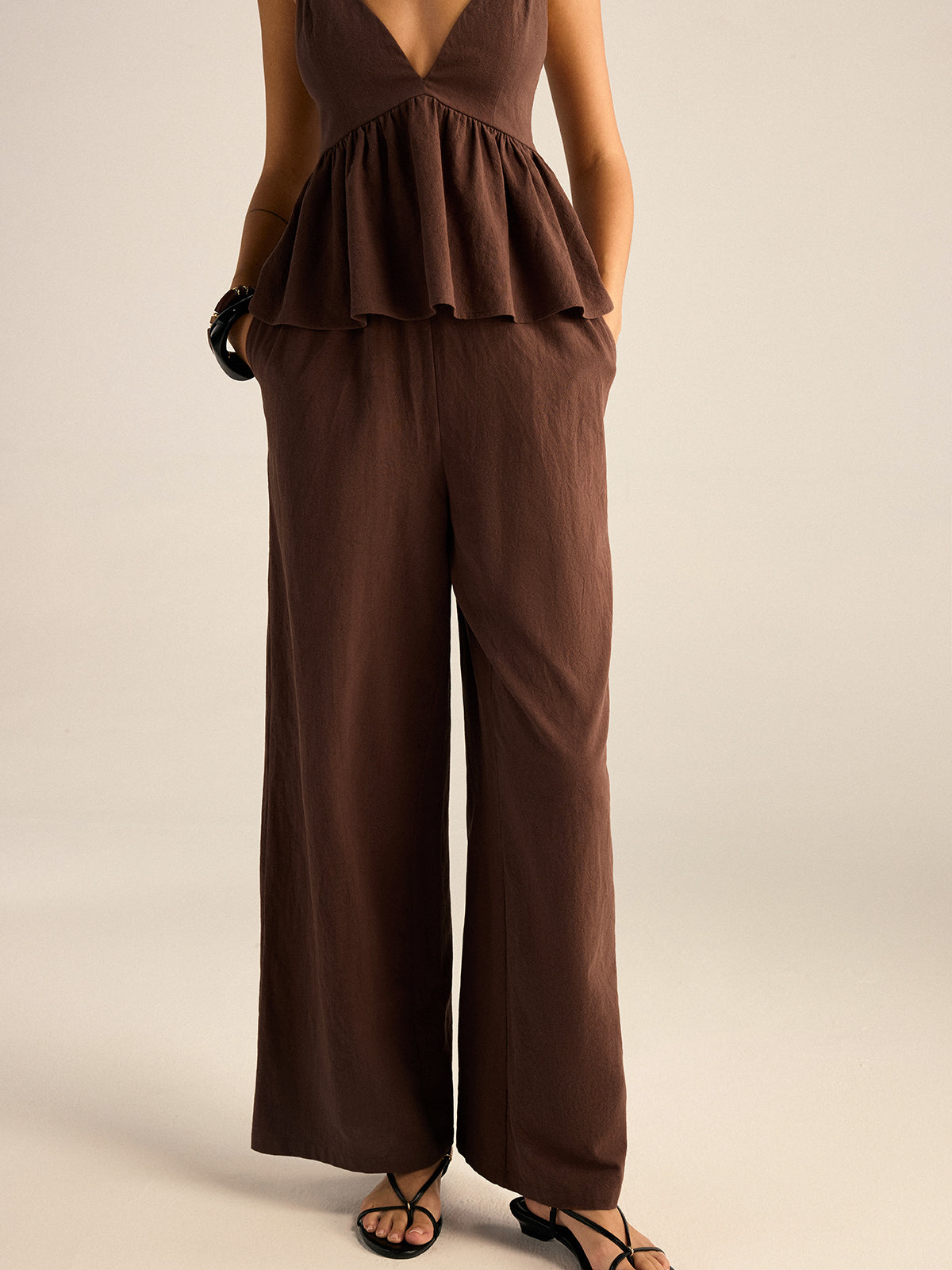 Cotton Peplum Beaded Straps Top and Pants Set for Women, Elegant Evening Wear
