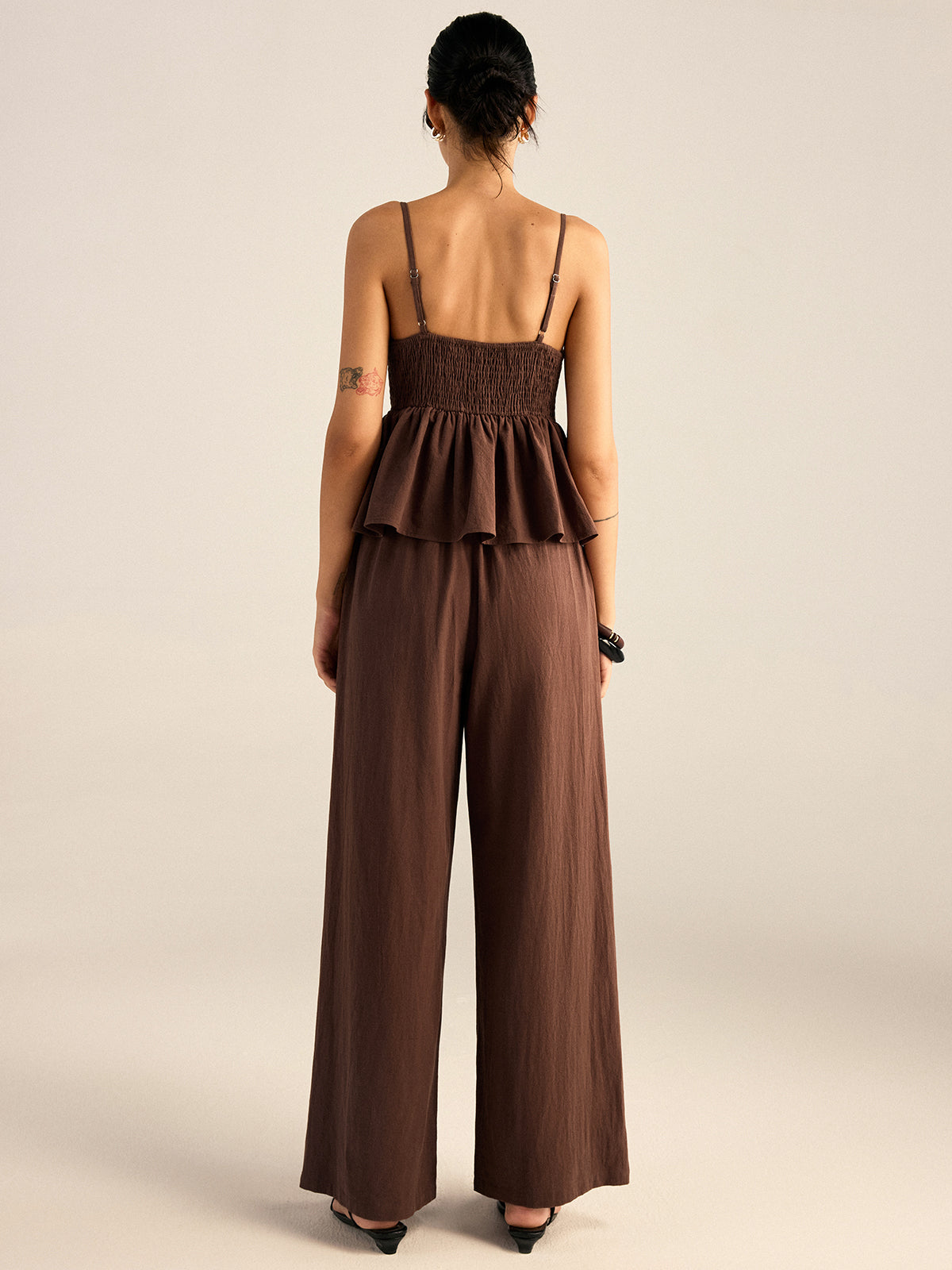 Cotton Peplum Beaded Straps Top and Pants Set for Women, Elegant Evening Wear