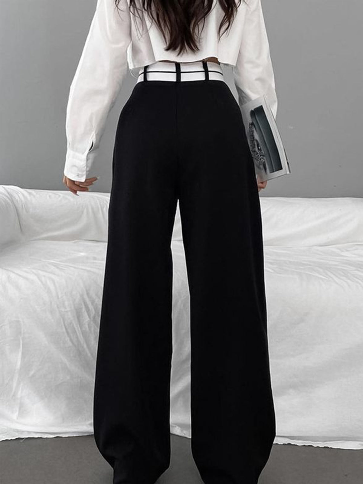 Asymmetrical Contrast Waistband Wide Leg Dress Pants for Women Comfort Fit