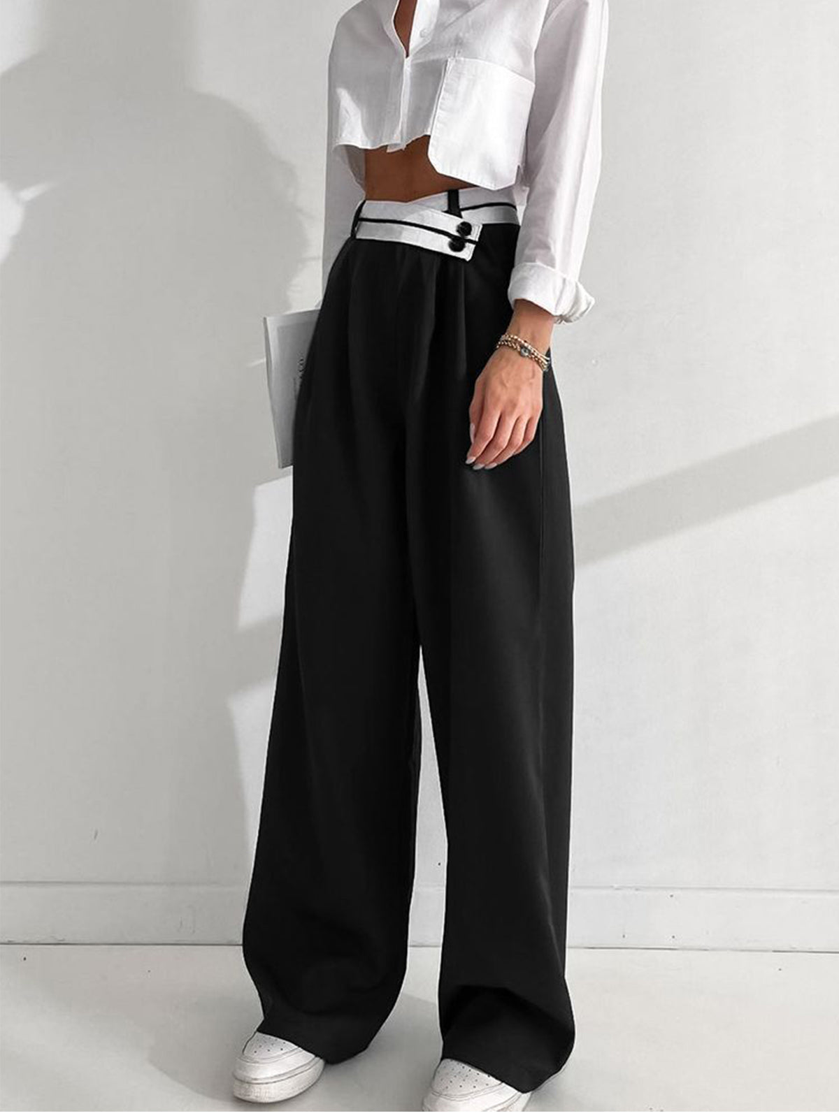 Asymmetrical Contrast Waistband Wide Leg Dress Pants for Women Comfort Fit