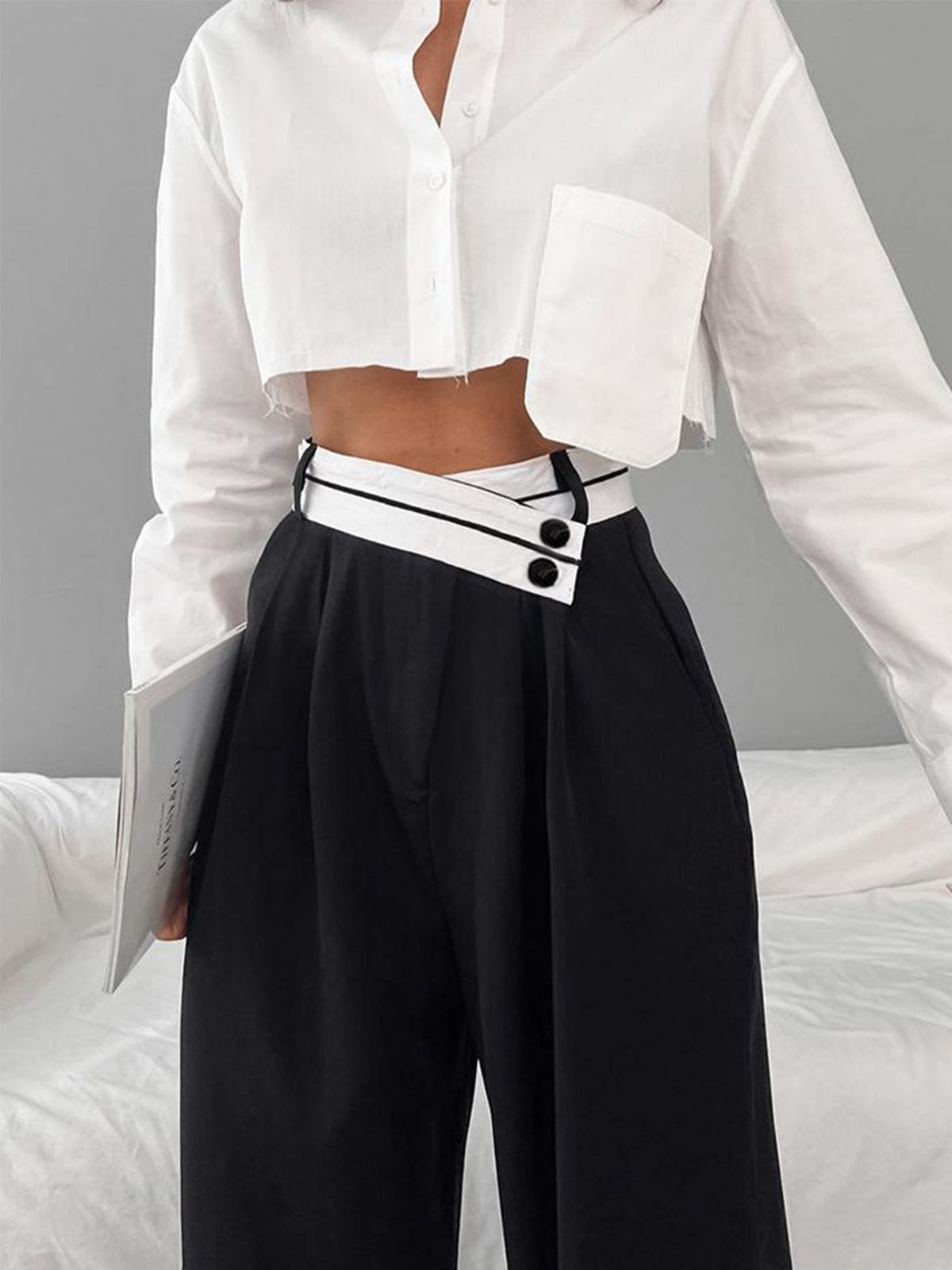 Asymmetrical Contrast Waistband Wide Leg Dress Pants for Women Comfort Fit