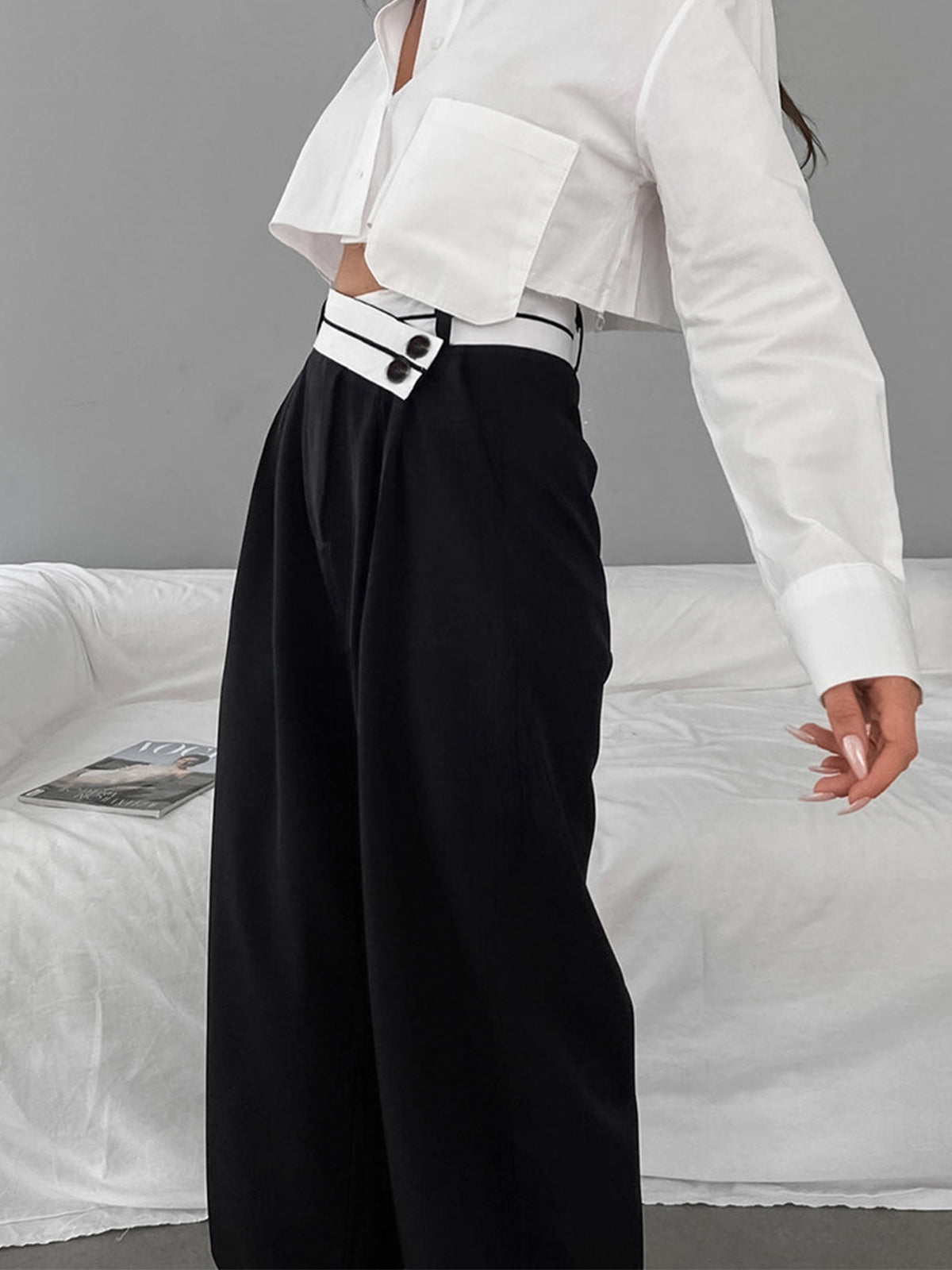 Asymmetrical Contrast Waistband Wide Leg Dress Pants for Women Comfort Fit
