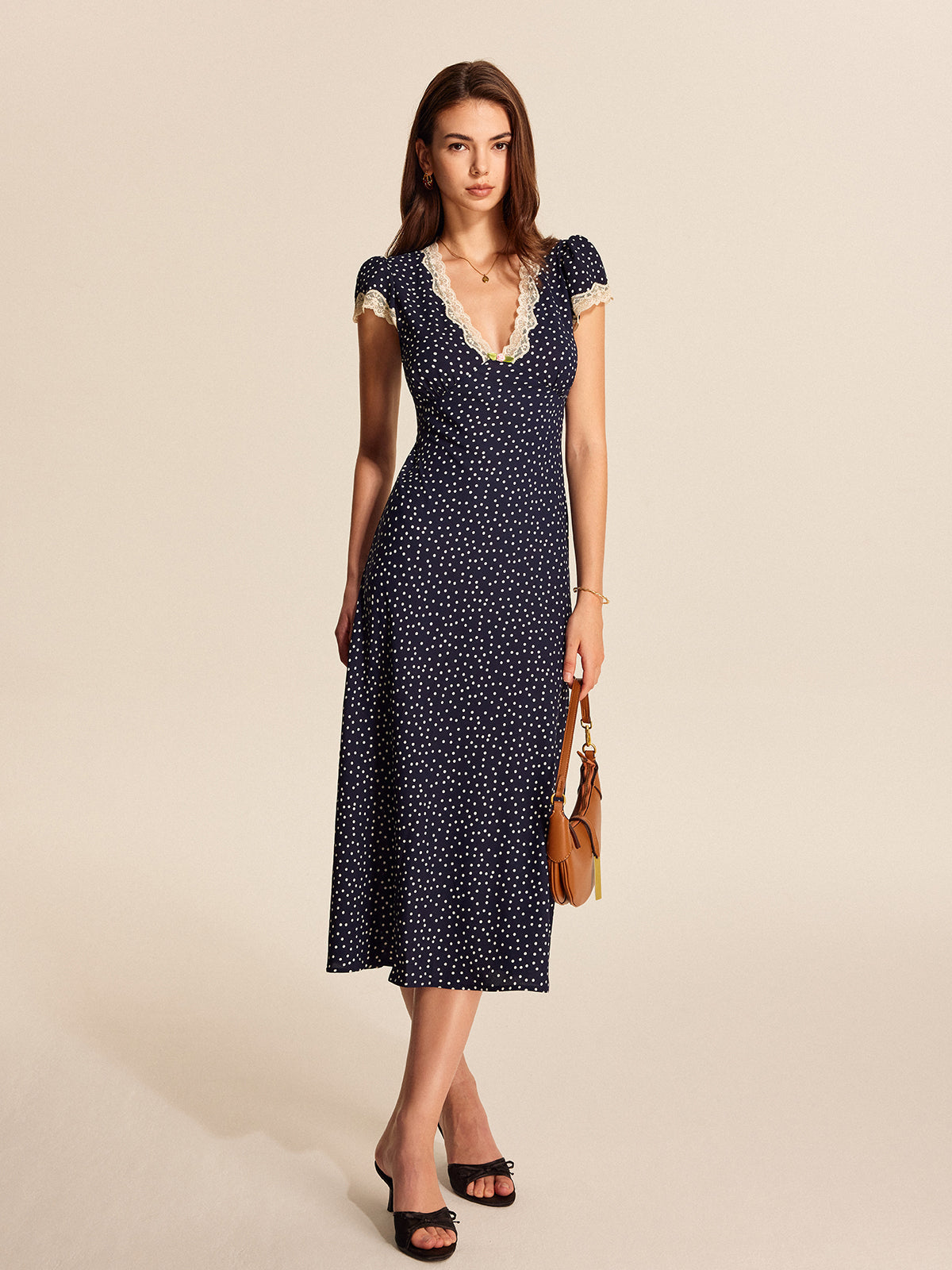 Polka Dot Lace-Trim Dress with Elegant Sleeves and Neckline
