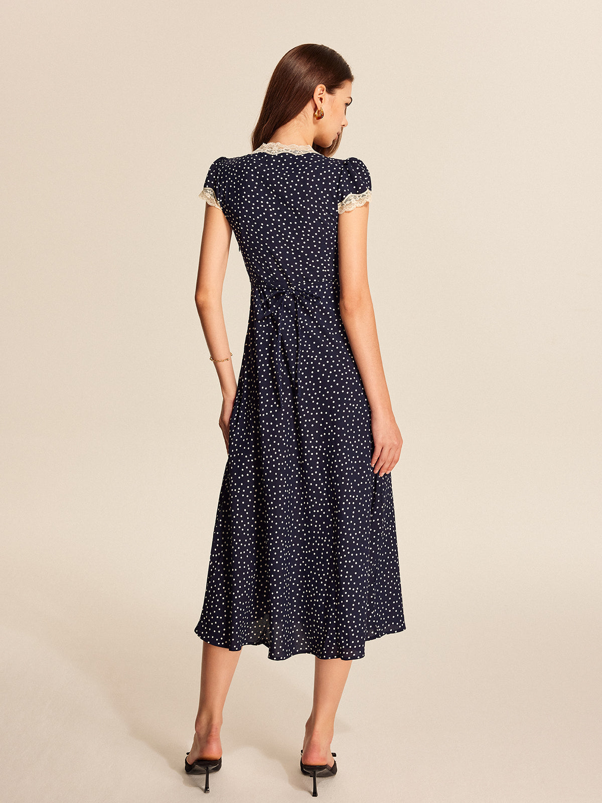 Polka Dot Lace-Trim Dress with Elegant Sleeves and Neckline
