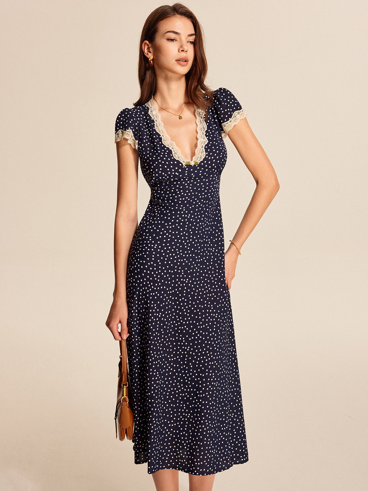 Polka Dot Lace-Trim Dress with Elegant Sleeves and Neckline