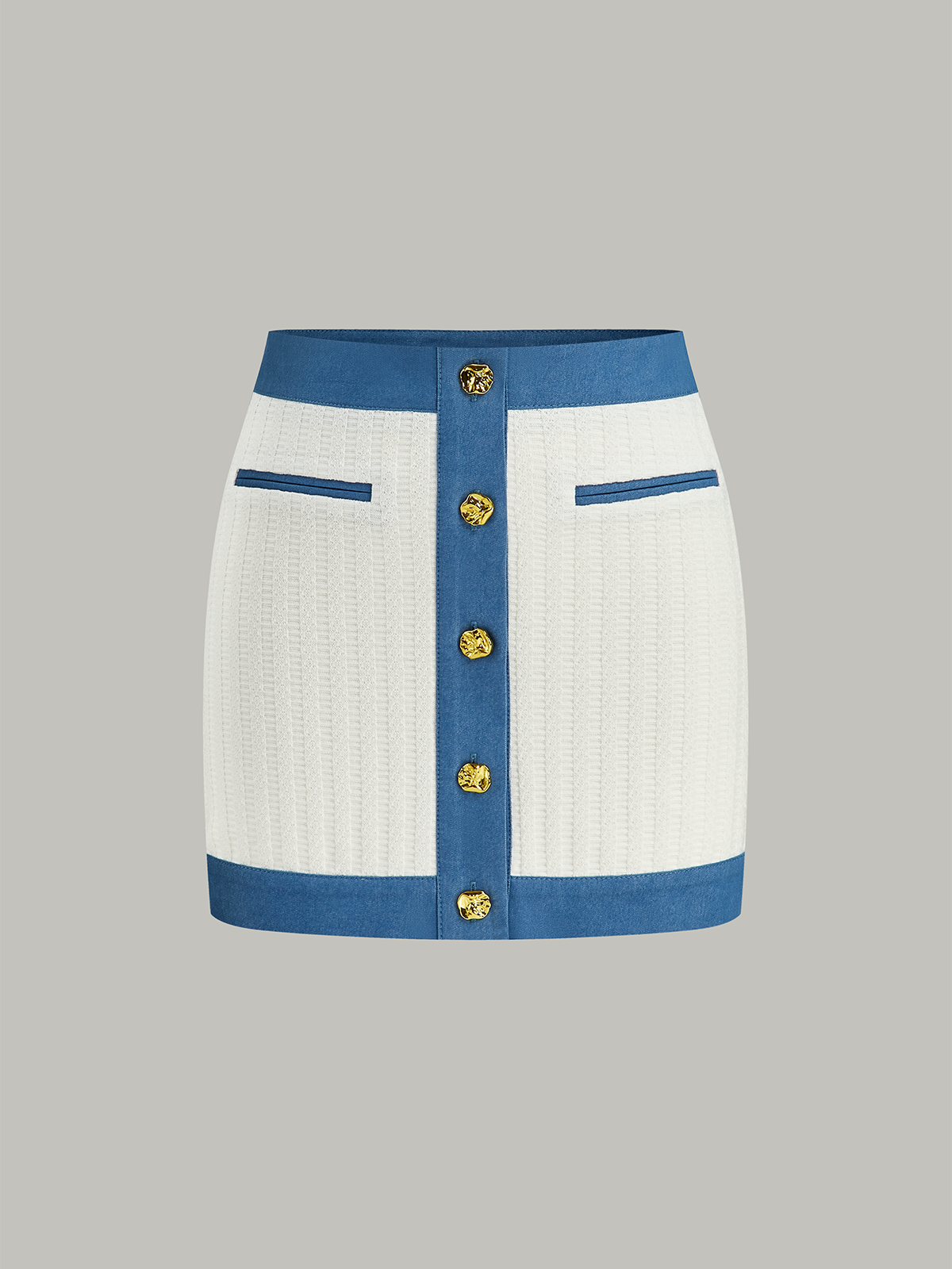 Denim-Trimmed Knit Mini Skirt with Metal Button Casual Trendy Style