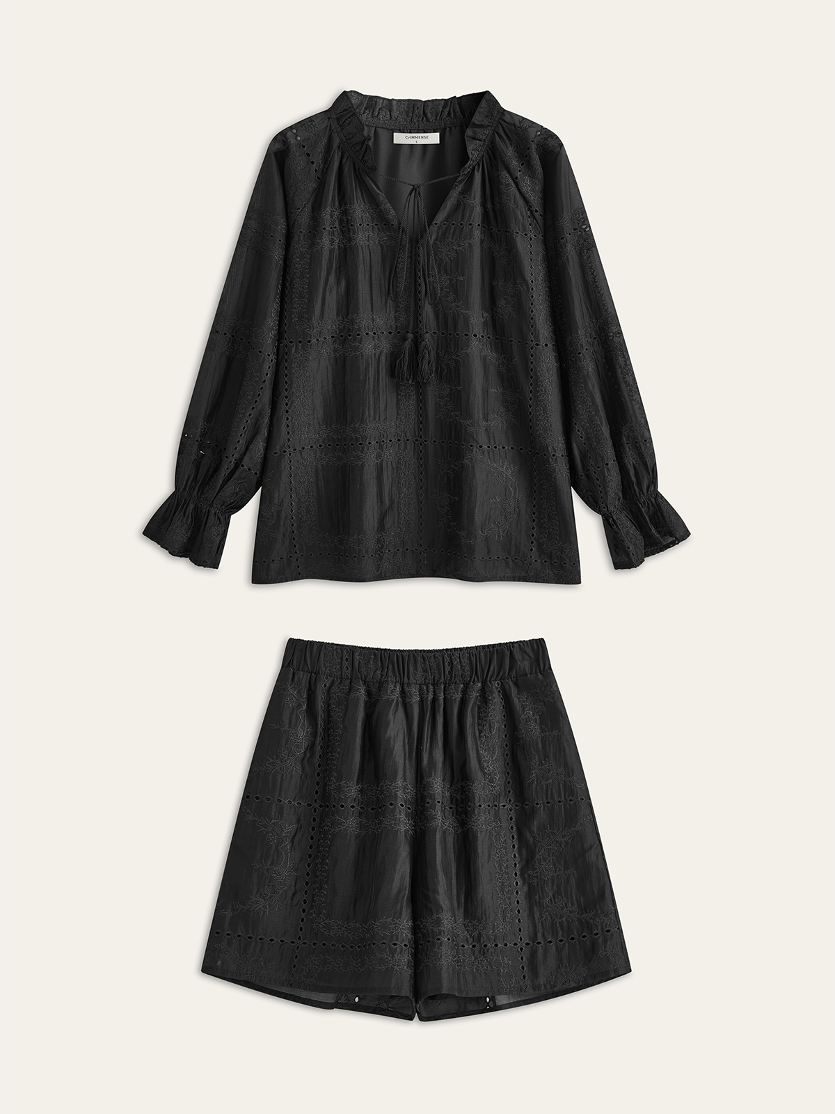Embroidery Detail Long Sleeve Shorts Set with Lace Trim