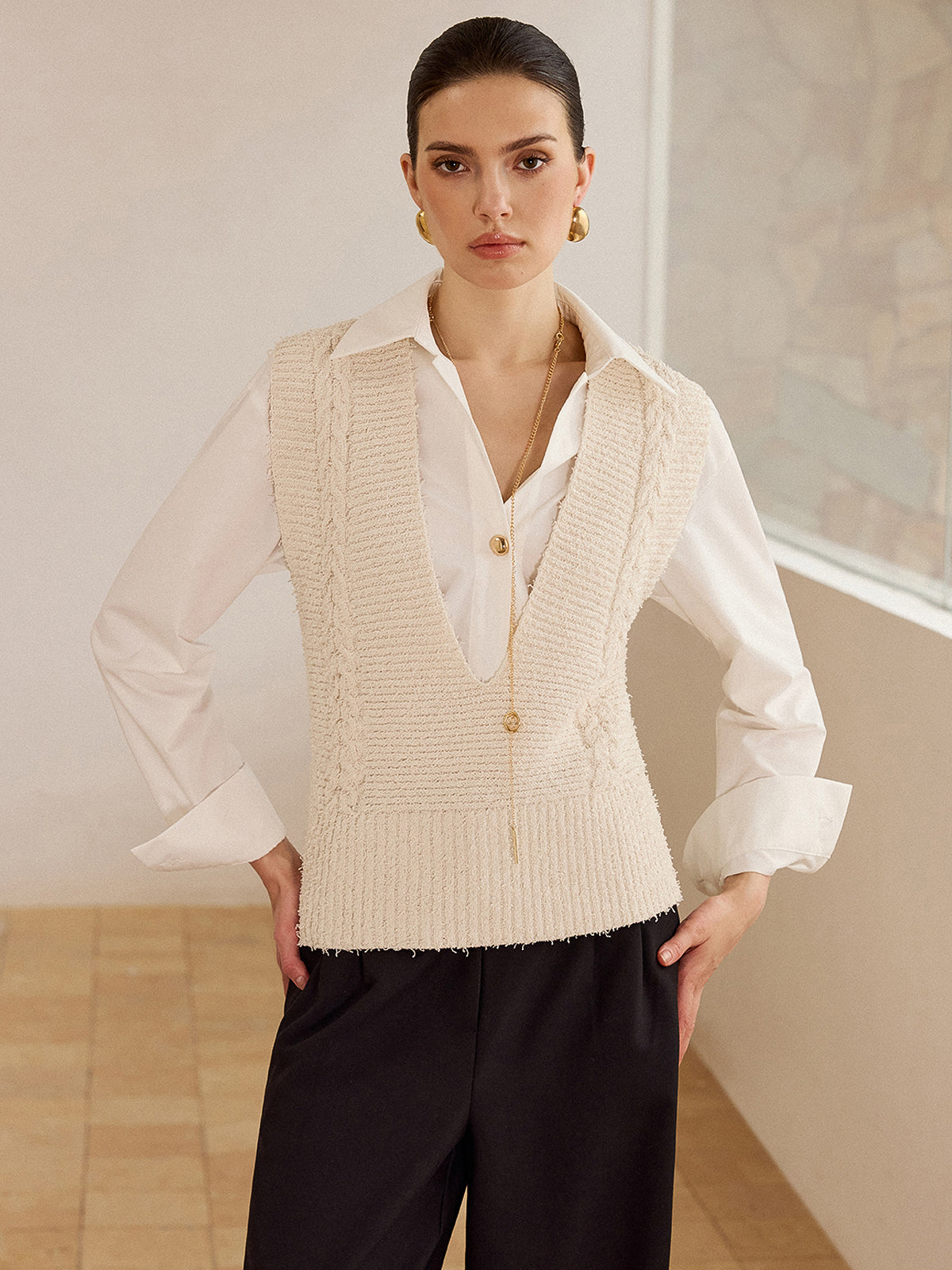 Cable Knit V-Neck Vest Sweater Cozy Classic Layering