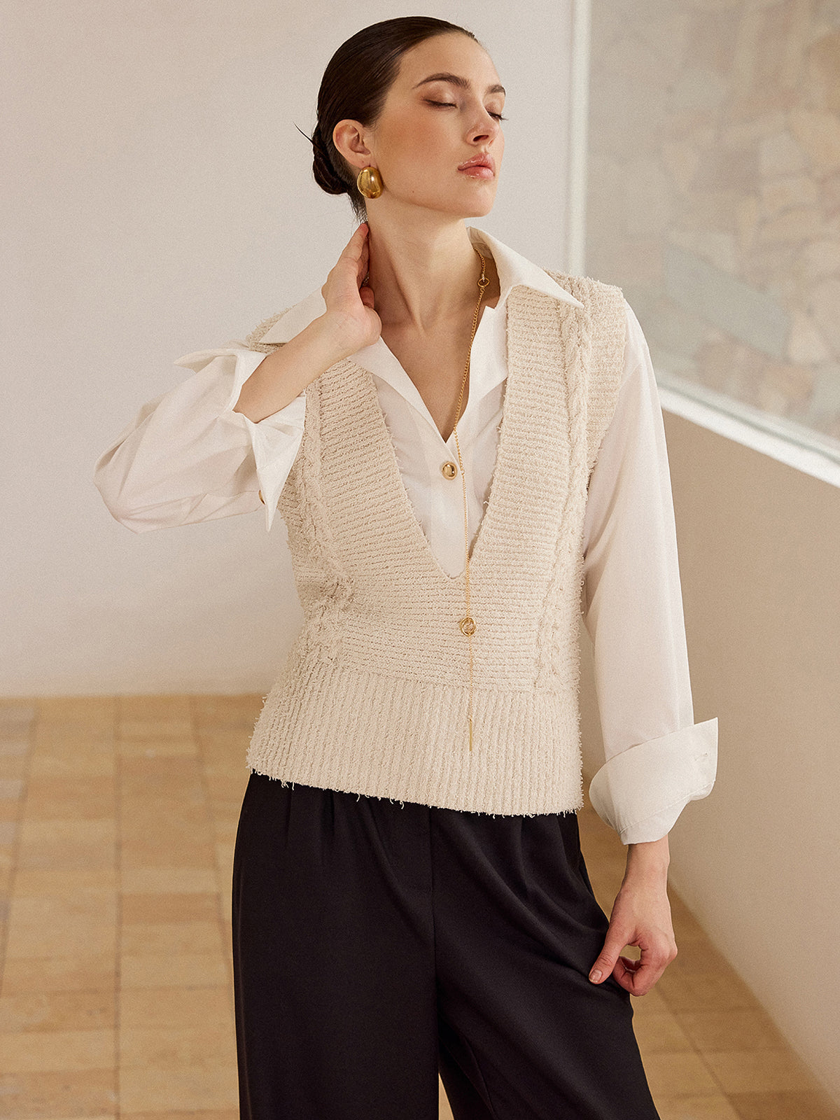 Cable Knit V-Neck Vest Sweater Cozy Classic Layering