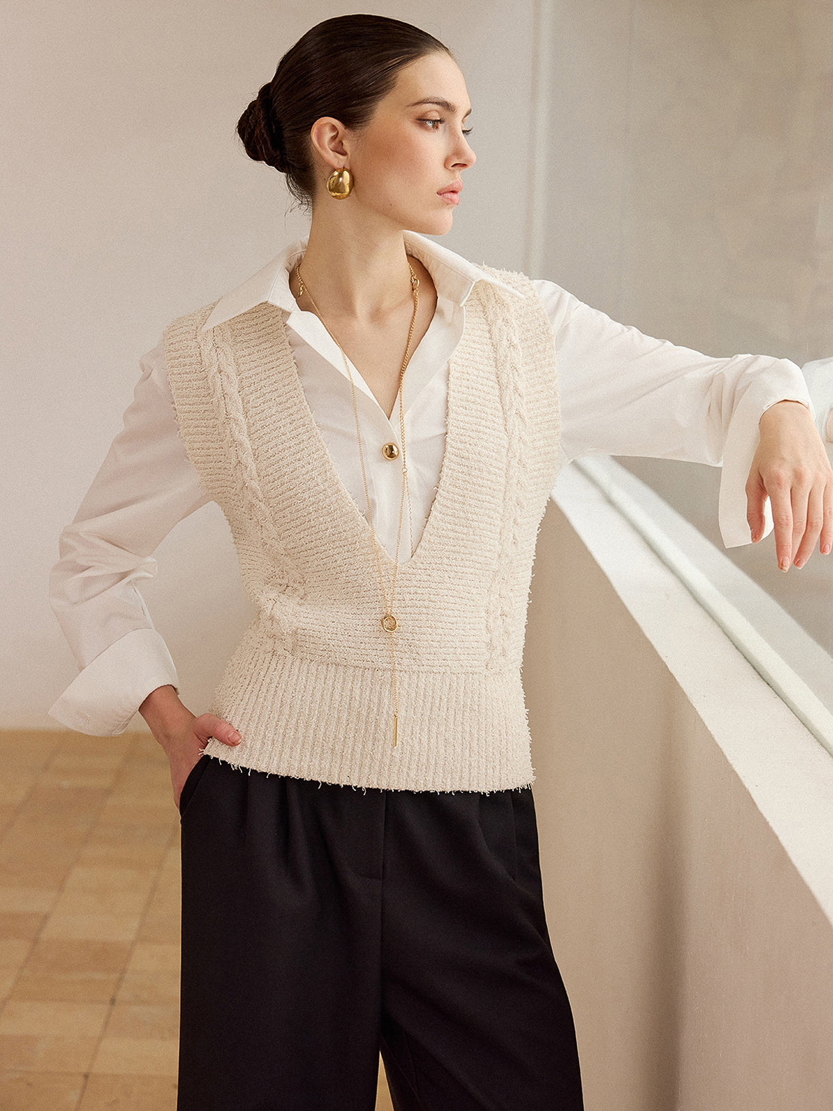 Cable Knit V-Neck Vest Sweater Cozy Classic Layering