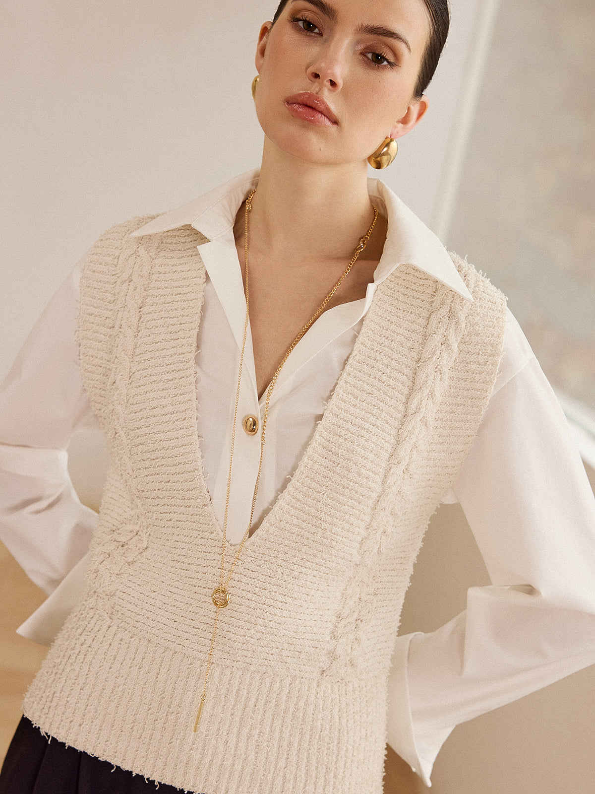 Cable Knit V-Neck Vest Sweater Cozy Classic Layering