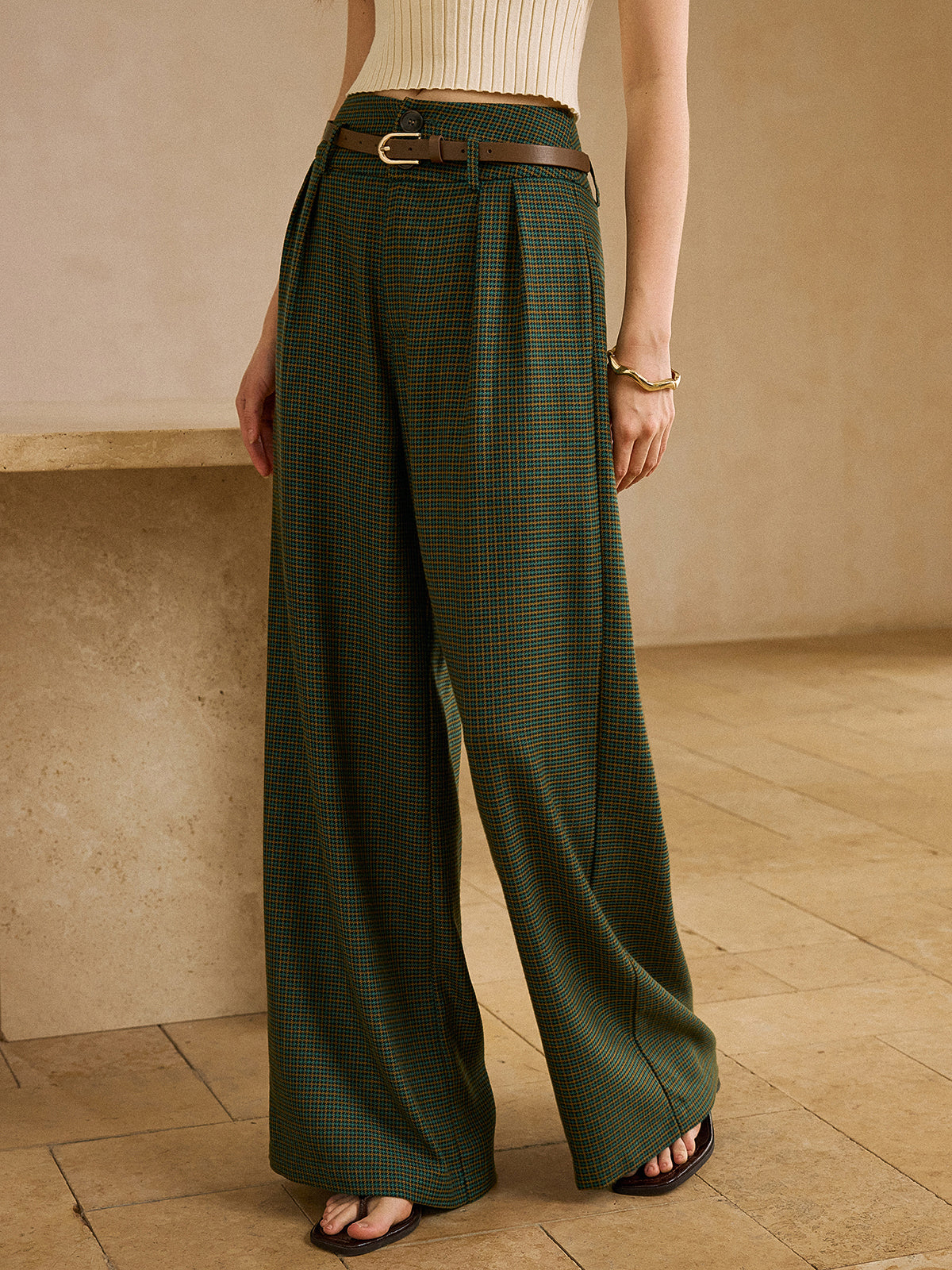 Vintage Plaid High-Waisted Pants with Belt, Retro Style Women's Trousers