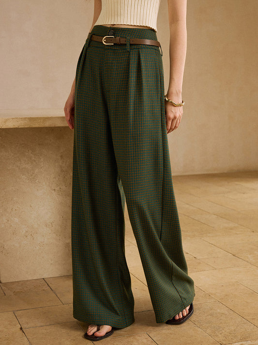 Vintage Plaid High-Waisted Pants with Belt, Retro Style Women's Trousers