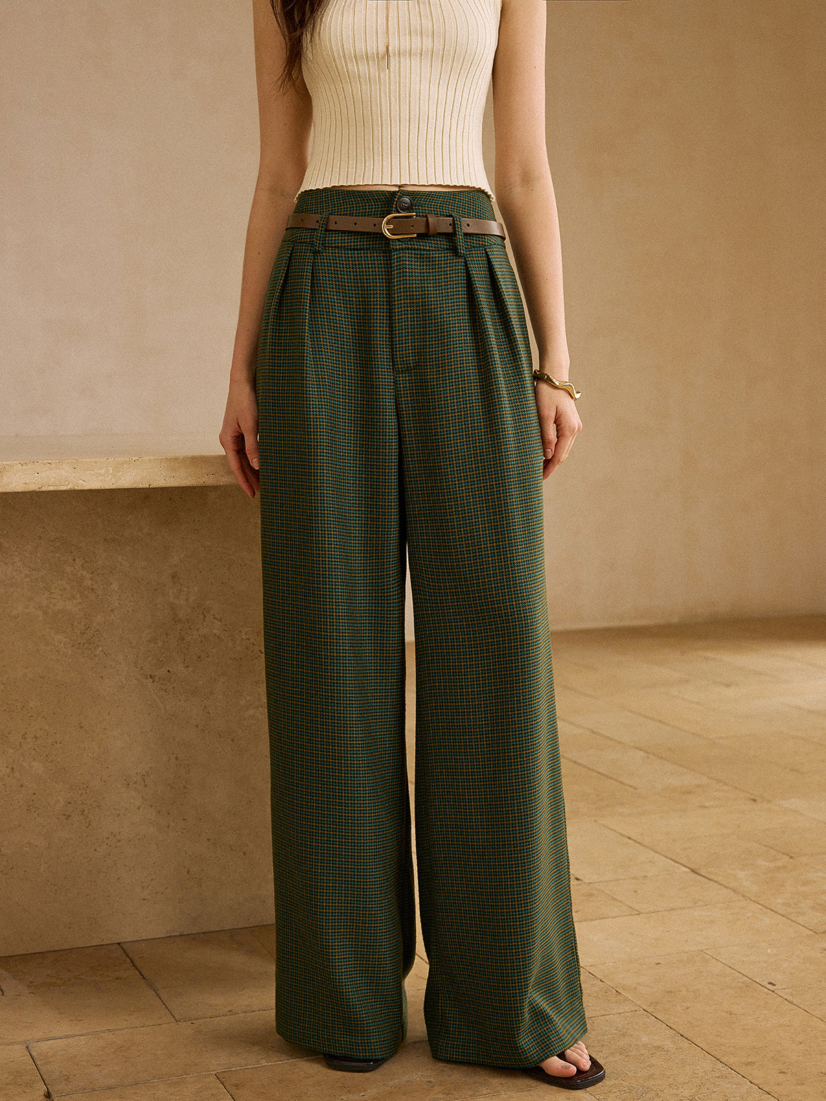Vintage Plaid High-Waisted Pants with Belt, Retro Style Women's Trousers