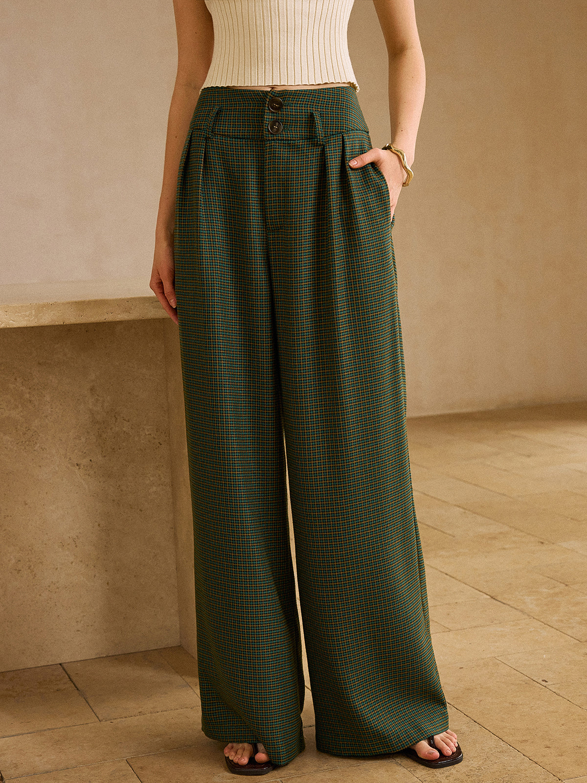 Vintage Plaid High-Waisted Pants with Belt, Retro Style Women's Trousers