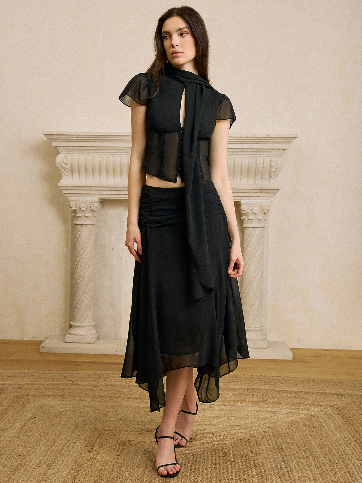 Scarf Neckline Chiffon Skirt Set for Elegant Evening Wear