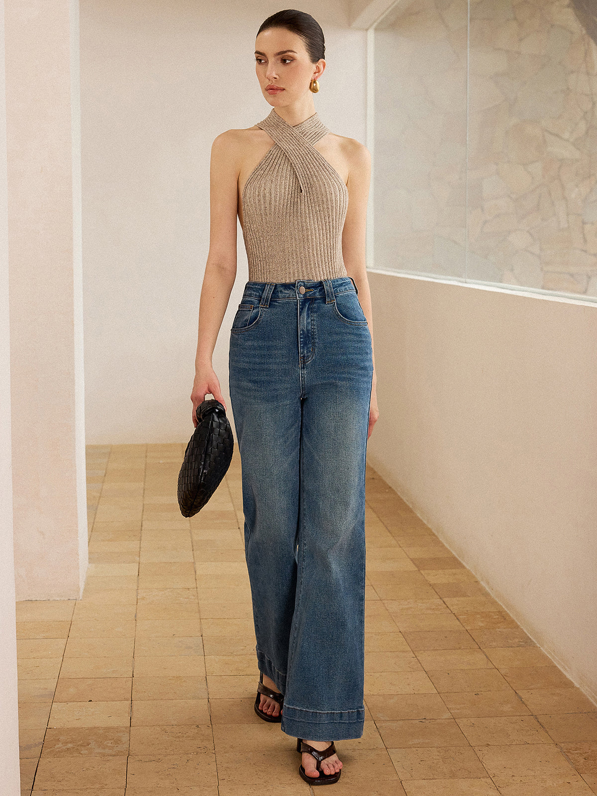 Cross-Strap Halter Neck Knit Top for Women, Sleeveless Comfort Fit
