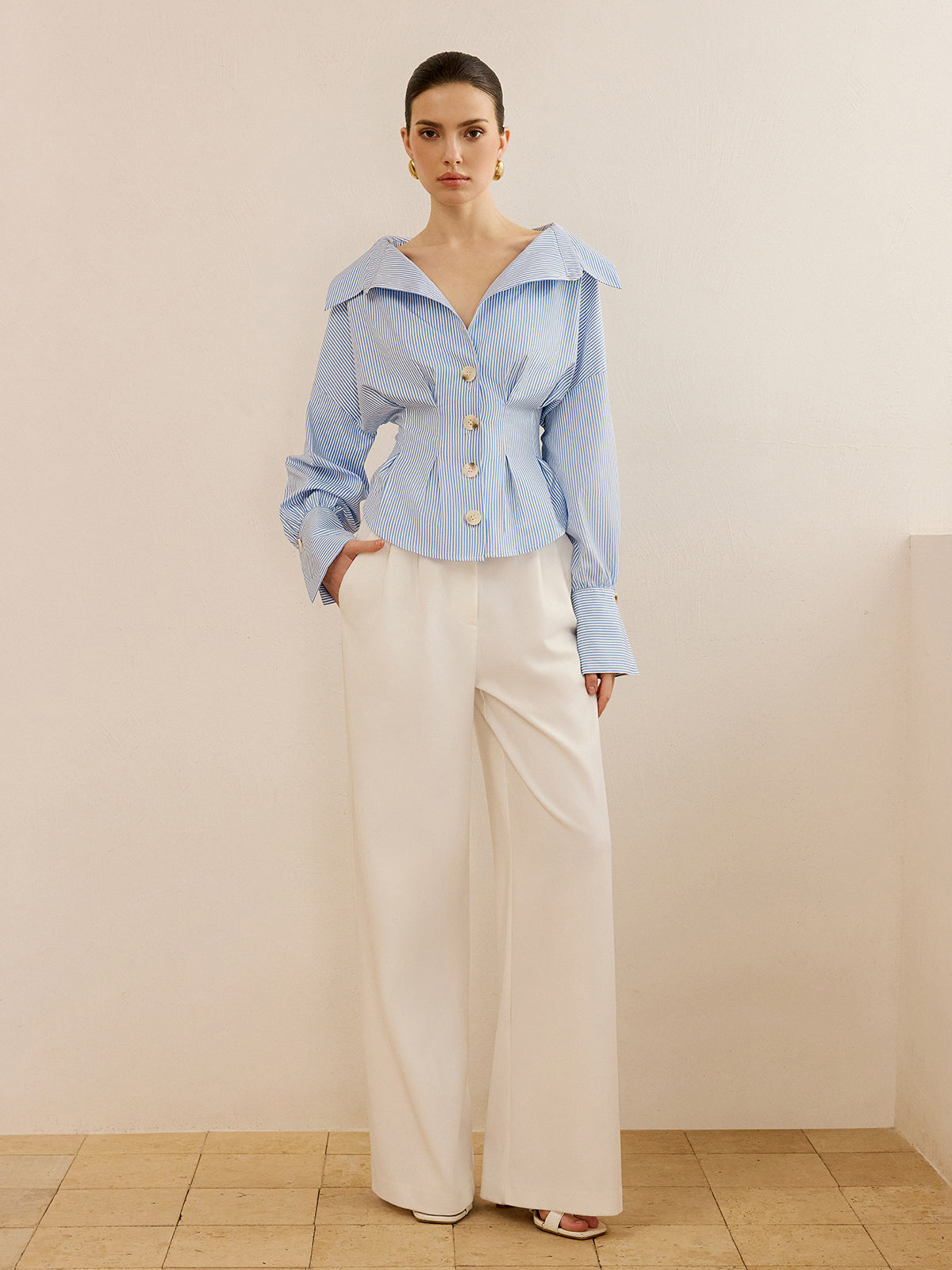 Striped Collared Shirt with Waist-Cinching Design for Women Classic Fit