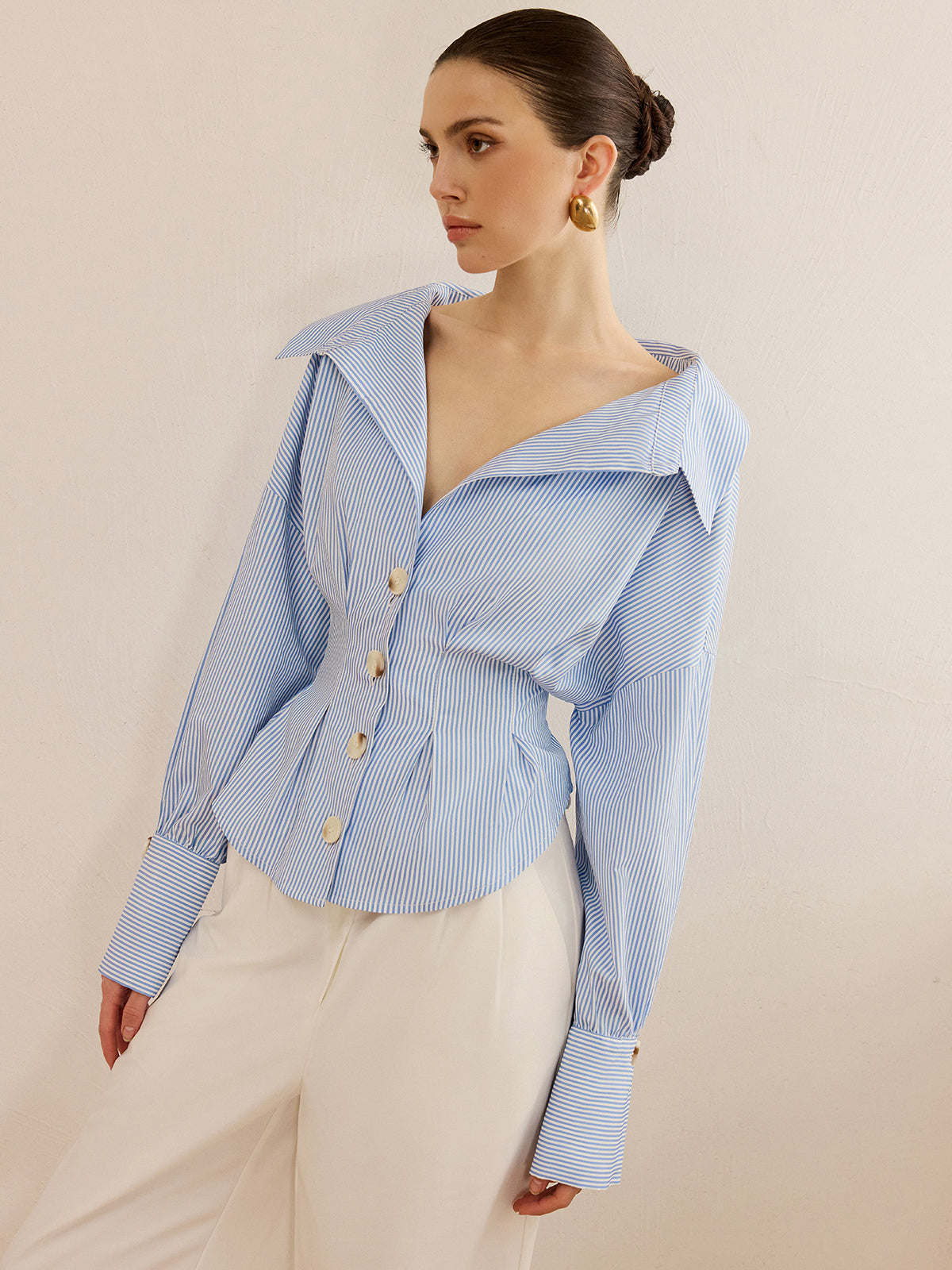 Striped Collared Shirt with Waist-Cinching Design for Women Classic Fit