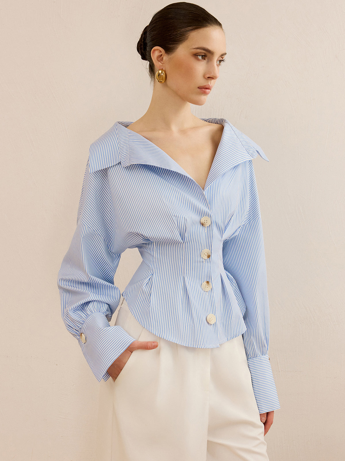 Striped Collared Shirt with Waist-Cinching Design for Women Classic Fit