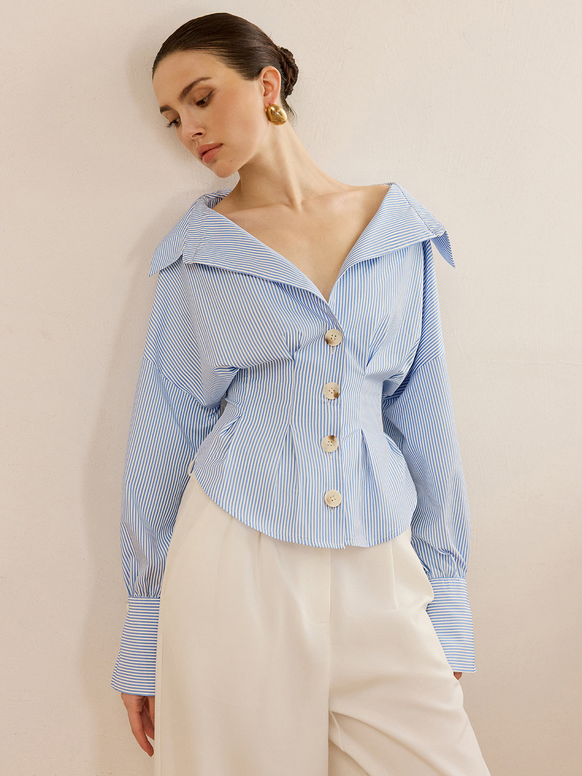 Striped Collared Shirt with Waist-Cinching Design for Women Classic Fit
