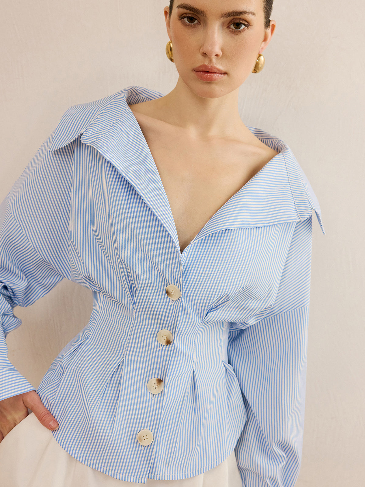 Striped Collared Shirt with Waist-Cinching Design for Women Classic Fit