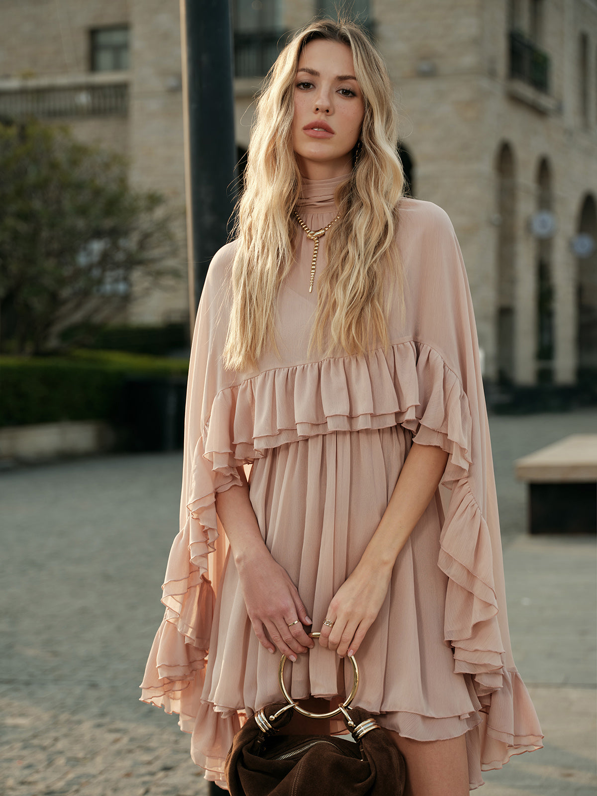 Semi-Sheer Chiffon Ruffle Dress With Flowing Outer Cape Elegant Layers