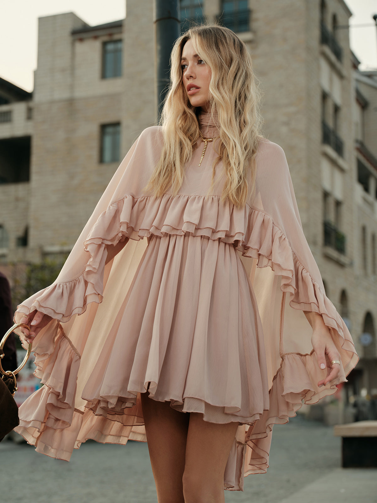 Semi-Sheer Chiffon Ruffle Dress With Flowing Outer Cape Elegant Layers
