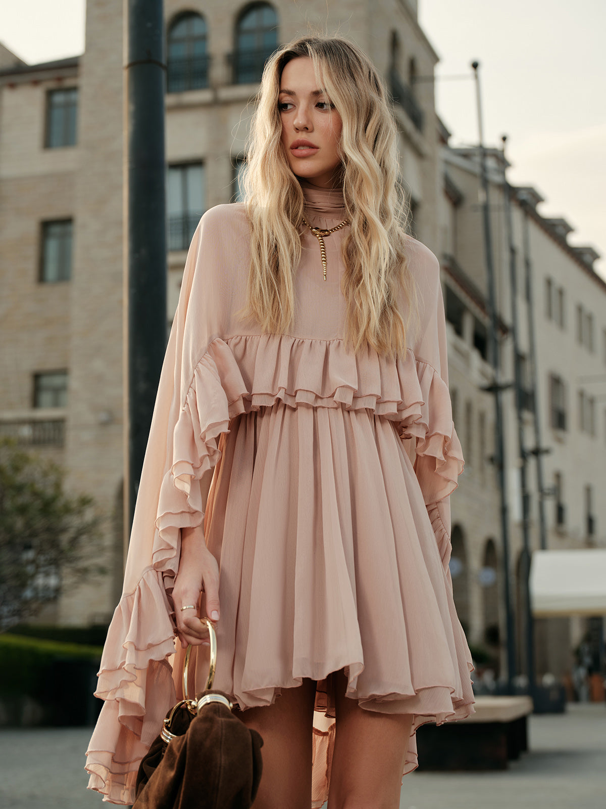 Semi-Sheer Chiffon Ruffle Dress With Flowing Outer Cape Elegant Layers