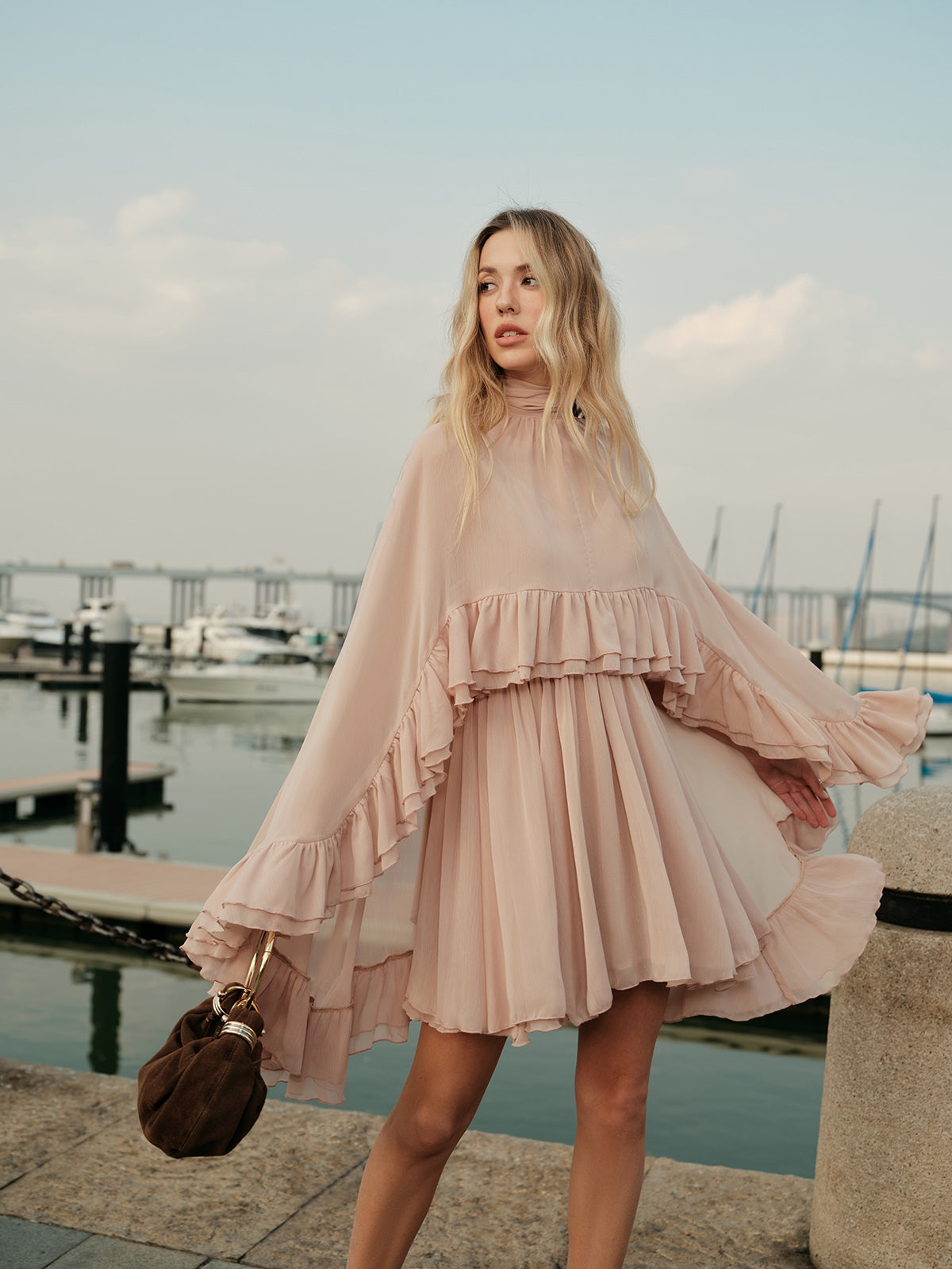 Semi-Sheer Chiffon Ruffle Dress With Flowing Outer Cape Elegant Layers