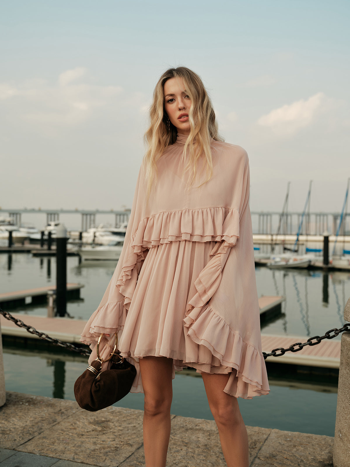 Semi-Sheer Chiffon Ruffle Dress With Flowing Outer Cape Elegant Layers