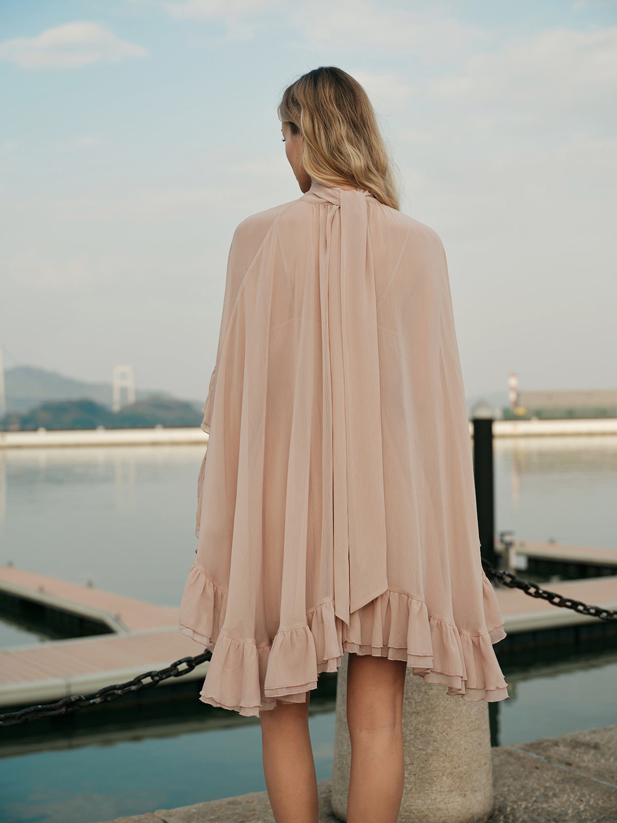 Semi-Sheer Chiffon Ruffle Dress With Flowing Outer Cape Elegant Layers