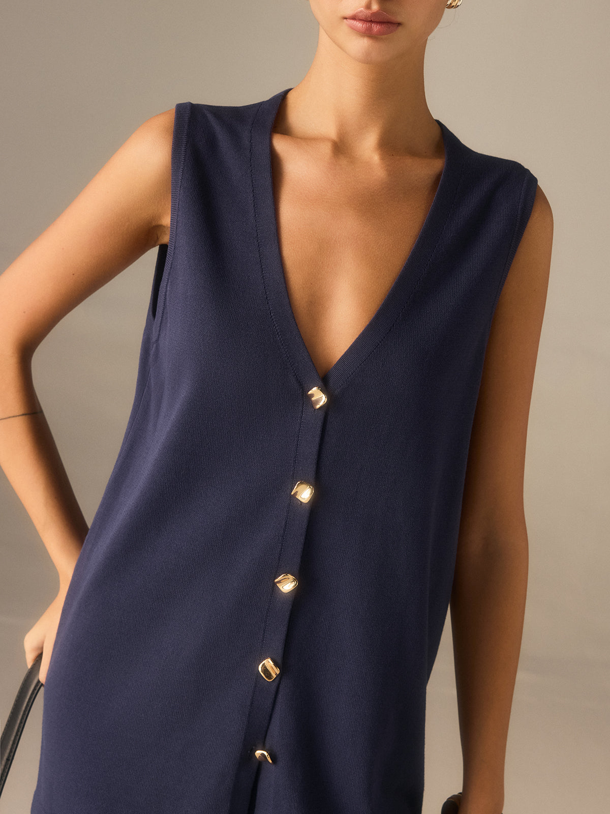 Golden Button Knit Vest Pants Set for Women, Stylish Casual Outfit