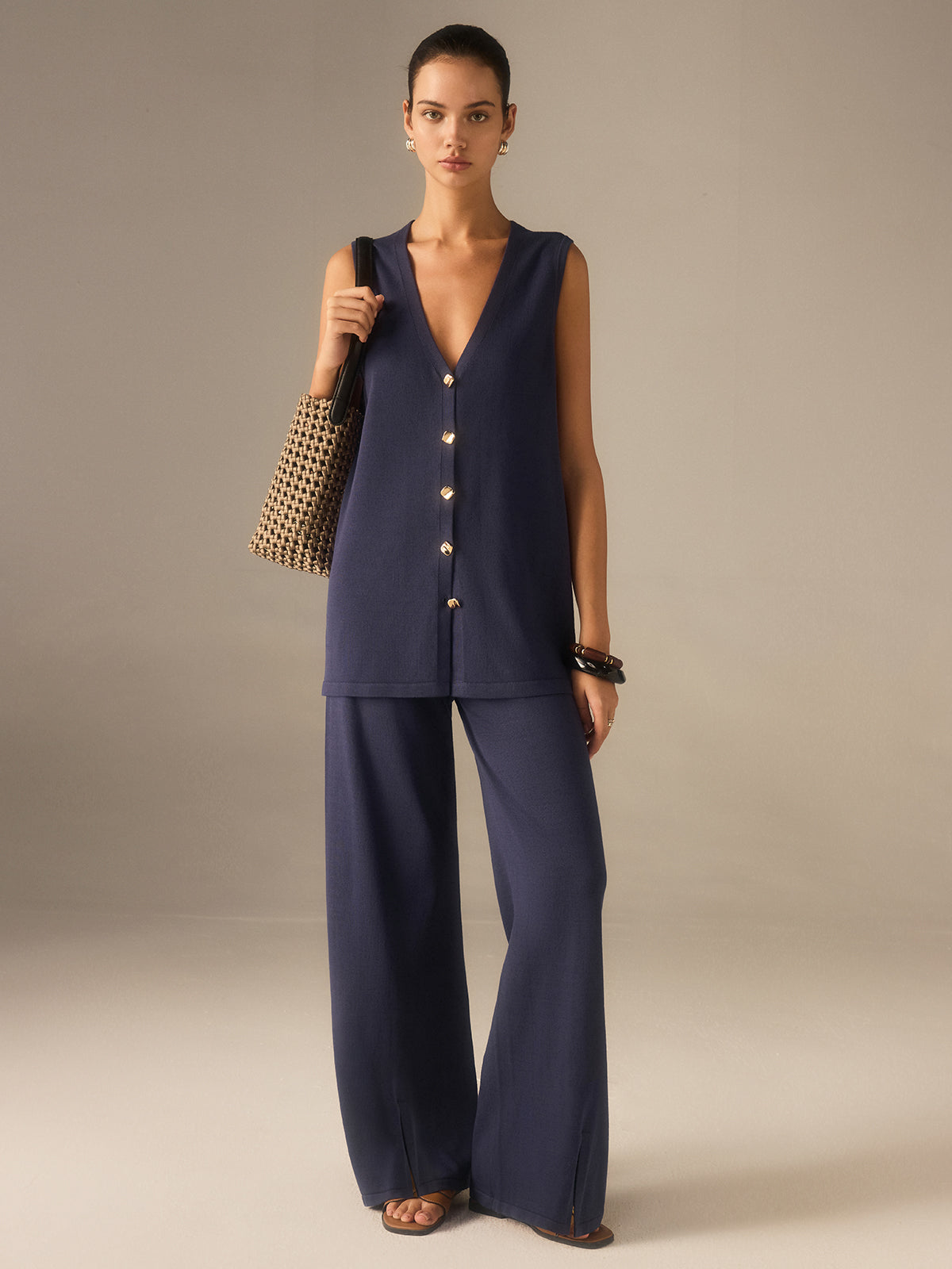 Golden Button Knit Vest Pants Set for Women, Stylish Casual Outfit